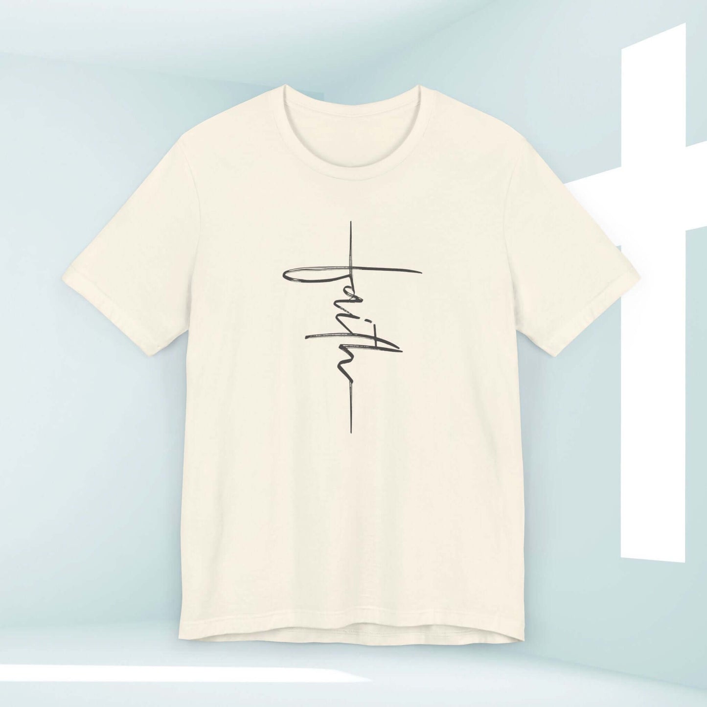 Women's Faith Cross Christian T-Shirt in cream color with script print, inspirational religious apparel with Bible verse message.