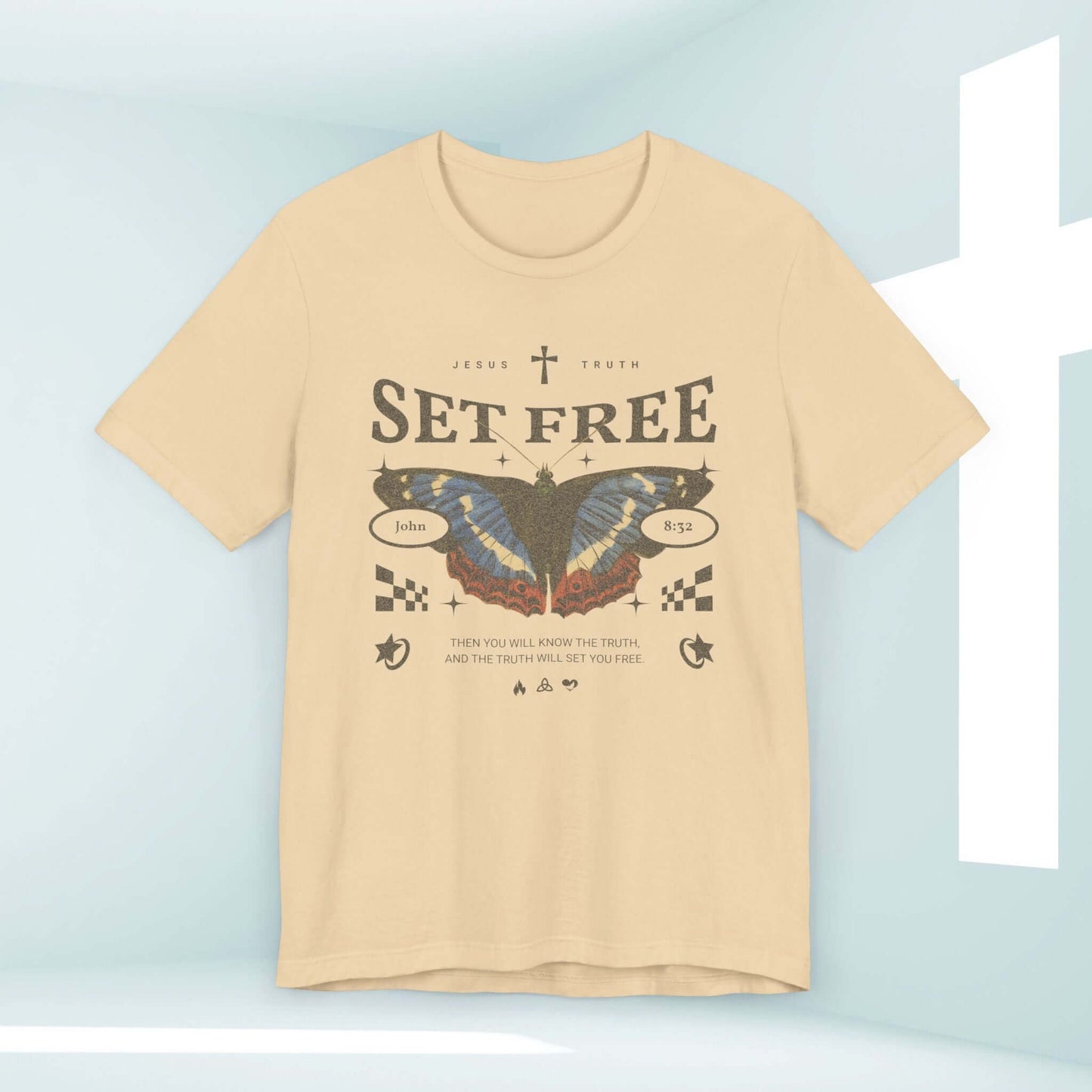 Butterfly Set Free Christian T-Shirt with Bible Verse, Beige, Lightweight Cotton, Religious Apparel, Christian Boho Style