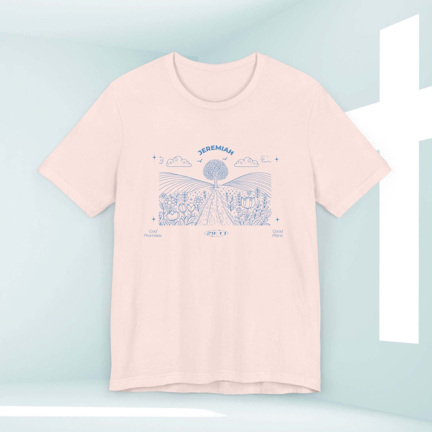 Beige Christian t-shirt with Jeremiah 29:11 scripture, featuring nature and mountain design in minimalist style.