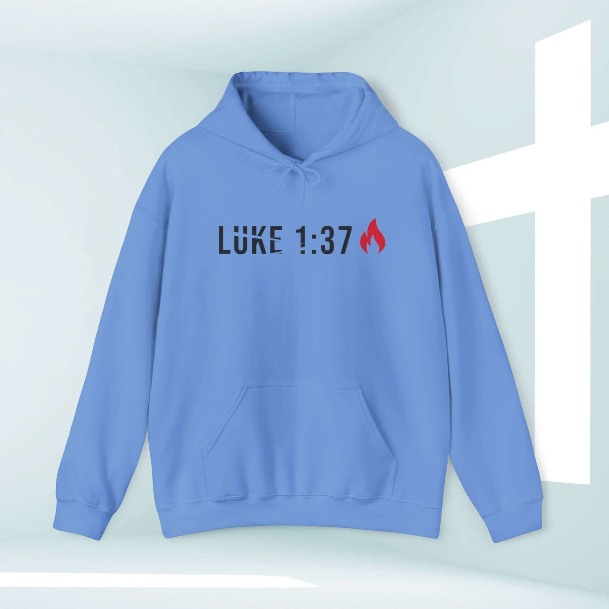 Light blue mens Christian hoodie with Luke 1:37 Bible verse, religious apparel with cross background, Jesus shirt for men.