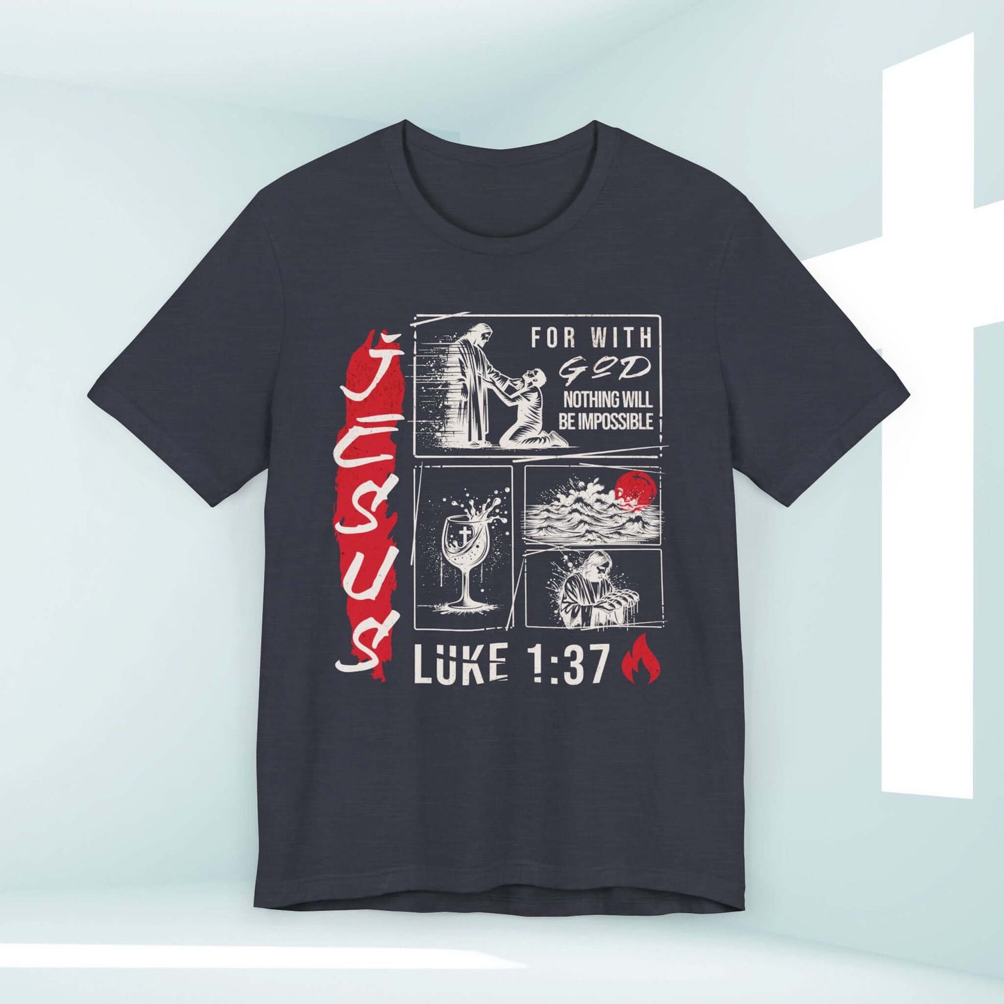 Mens Christian Shirt Jesus T-Shirt with Bible Verse Luke 1:37, "For with God nothing will be impossible," perfect fathers day gift