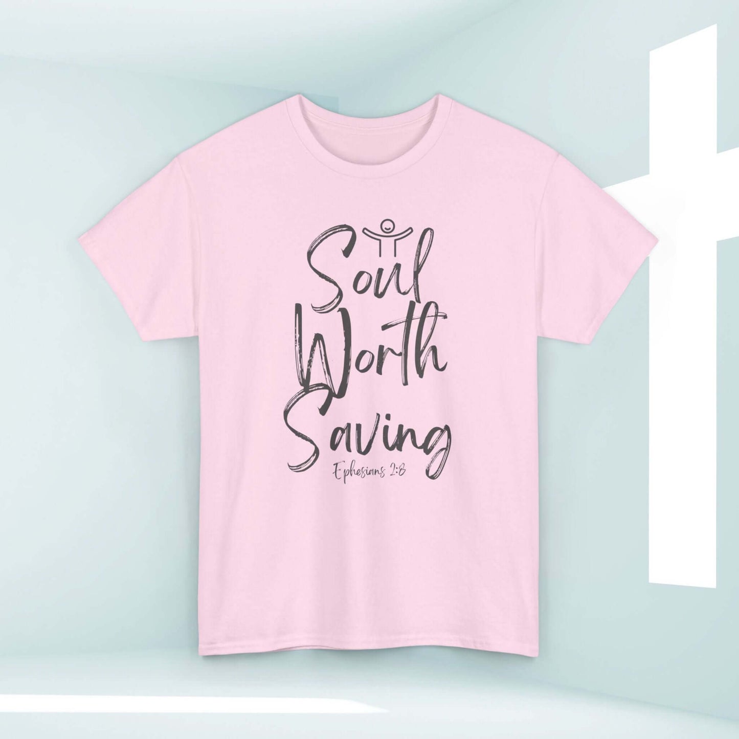 Soul Worth Saving women's Christian t-shirt with Bible verse Ephesians 2:8 on pink fabric, perfect faith-based apparel and religious gift.