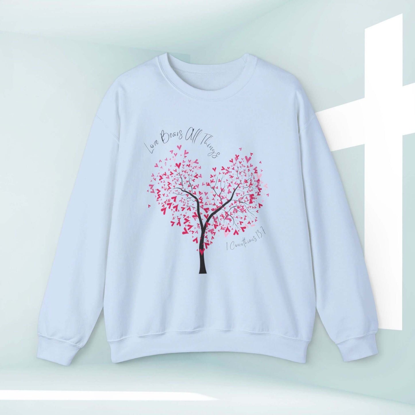 Love Bears All Things Christian Valentine's Day Tree Heart Wedding Sweatshirt with Faith-Based Graphic for Anniversary and Engagement Gifts