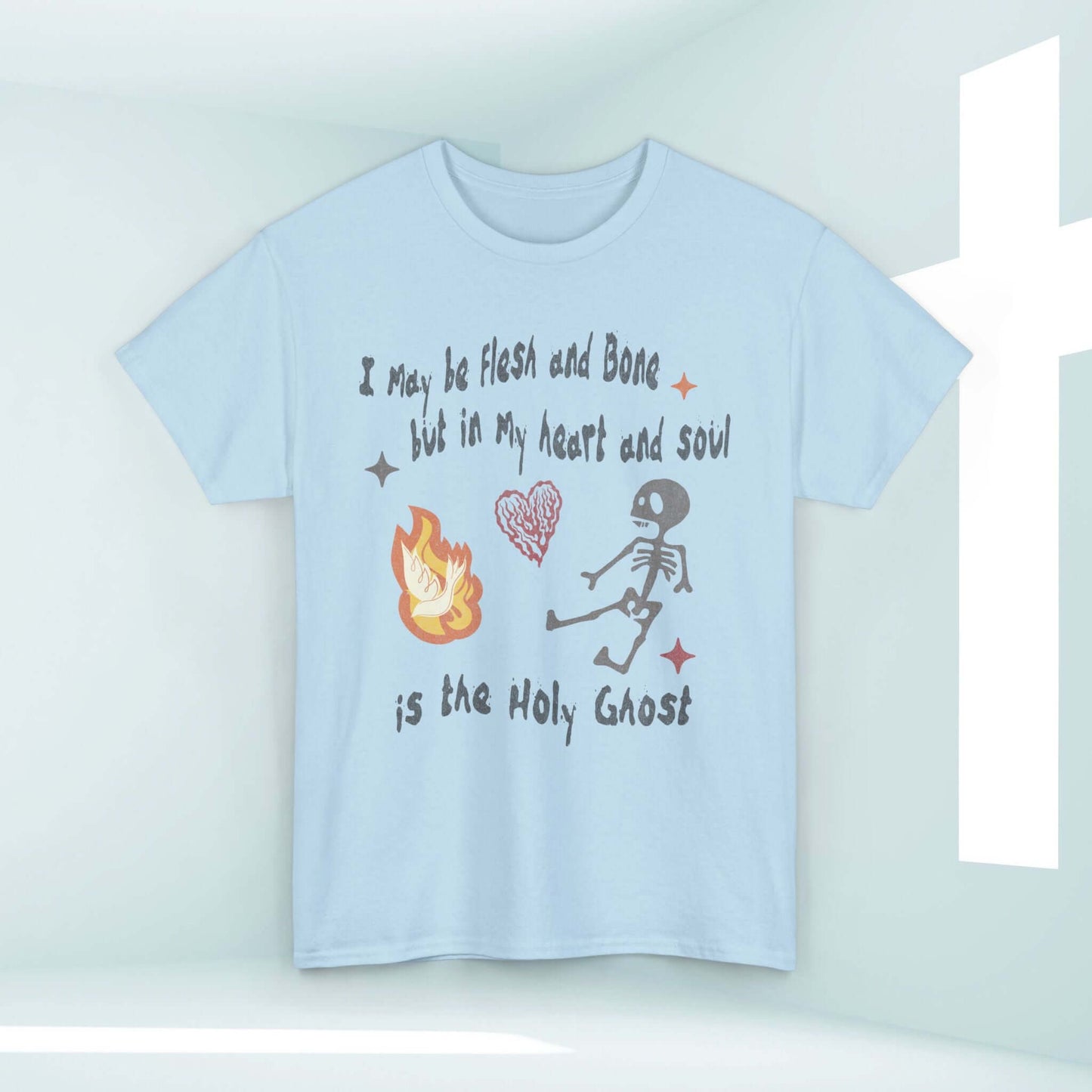 Christian Halloween shirt featuring dancing skeleton, Holy Ghost message, fire and heart graphics, spiritual Halloween tee.