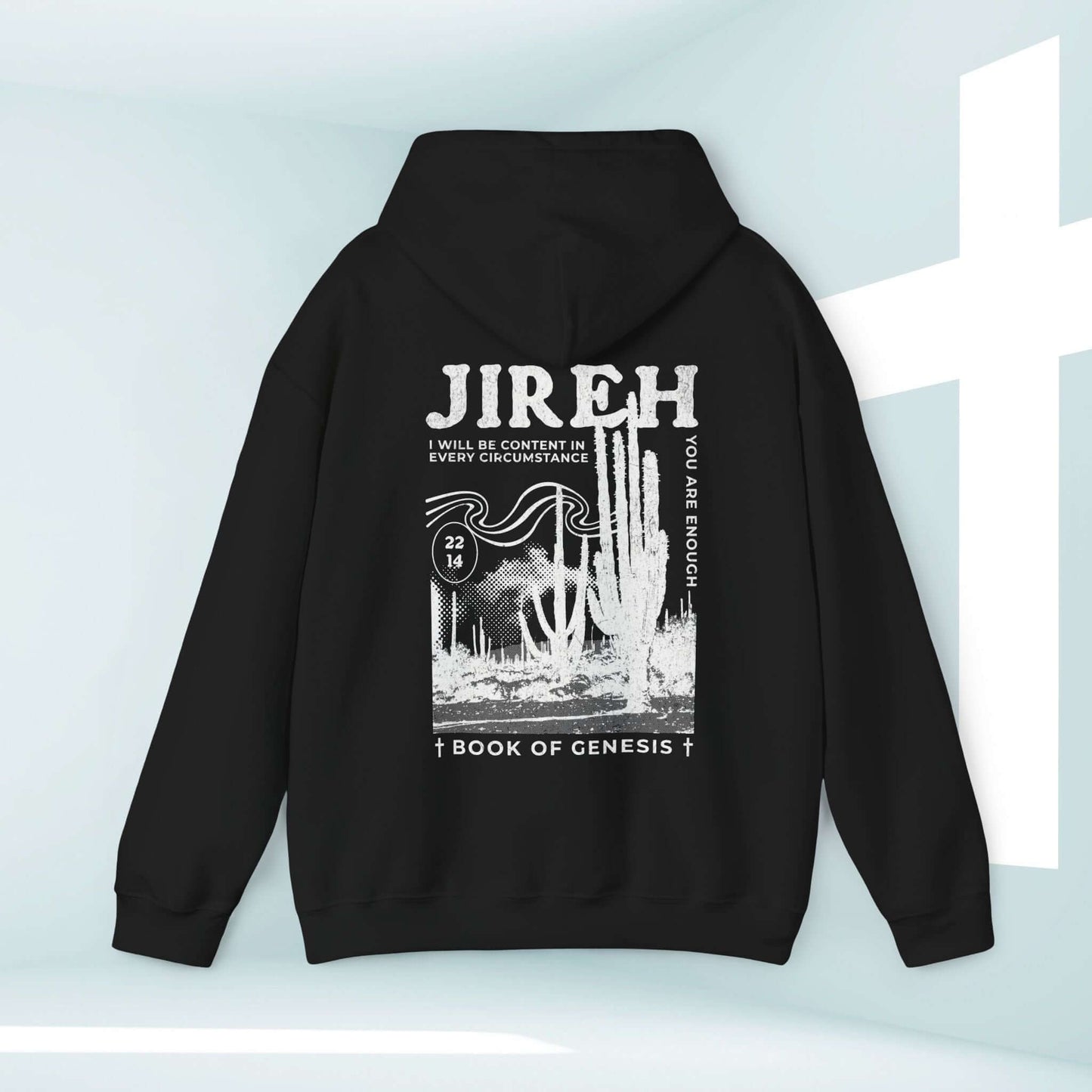 Jireh Boho Christian Hoodie with Bible Verse Design and Cactus Pattern, Black Hooded Sweatshirt for Faith-Based Inspiration