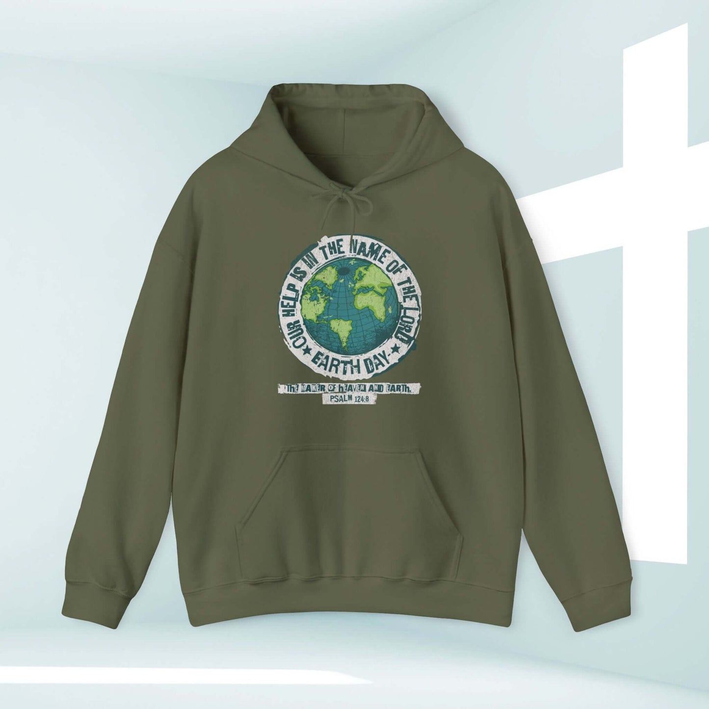 Christian Earth Day hoodie with Bible verse design, green hooded sweatshirt promoting faith and environmental awareness.