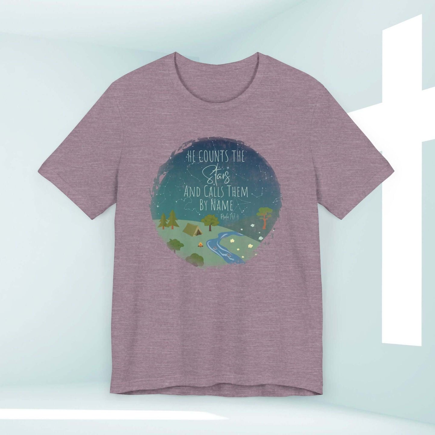 He Counts The Stars And Calls Them By Name Christian T-Shirt with Nature Camping Design, Ideal Faith-Based Inspirational Tee.