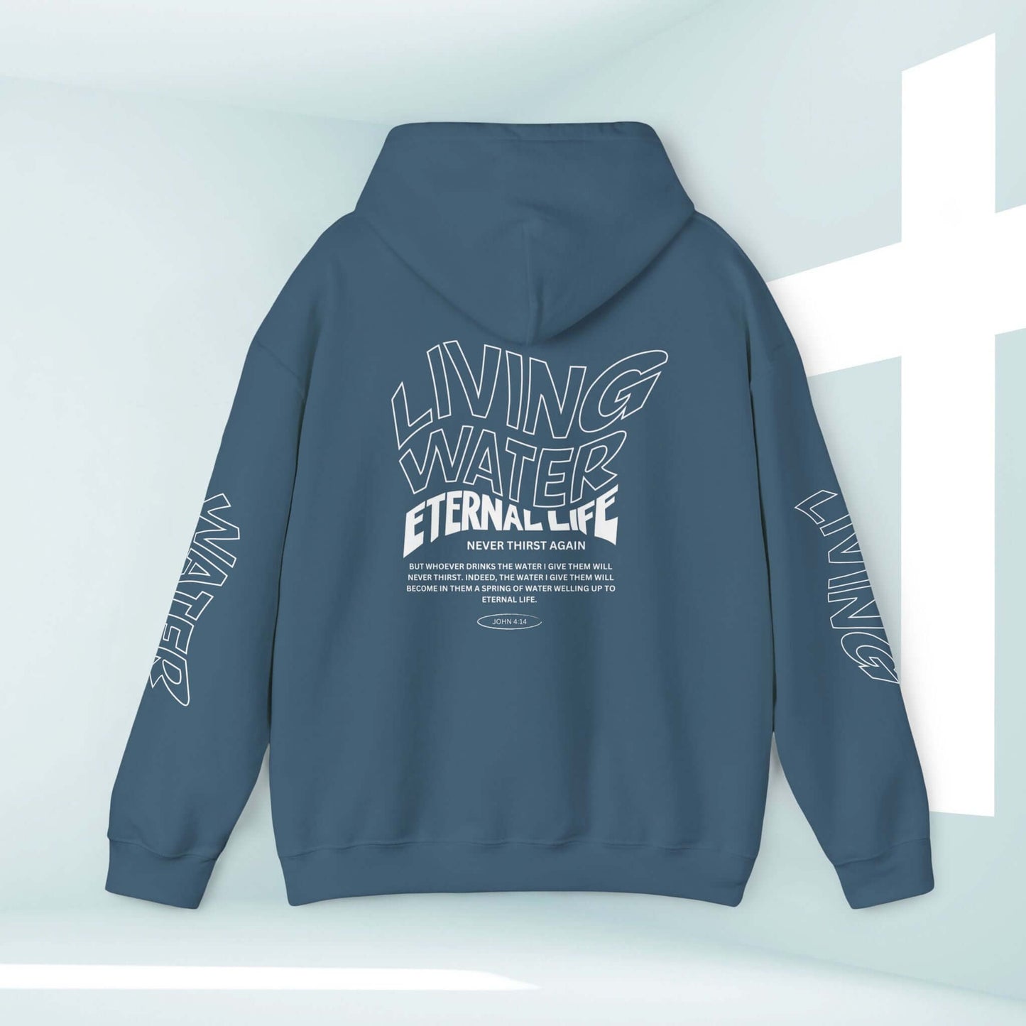 Unisex Living Water Eternal Life Christian hoodie in teal, featuring Living Water graphics on sleeves and back, displayed with a white cross background.