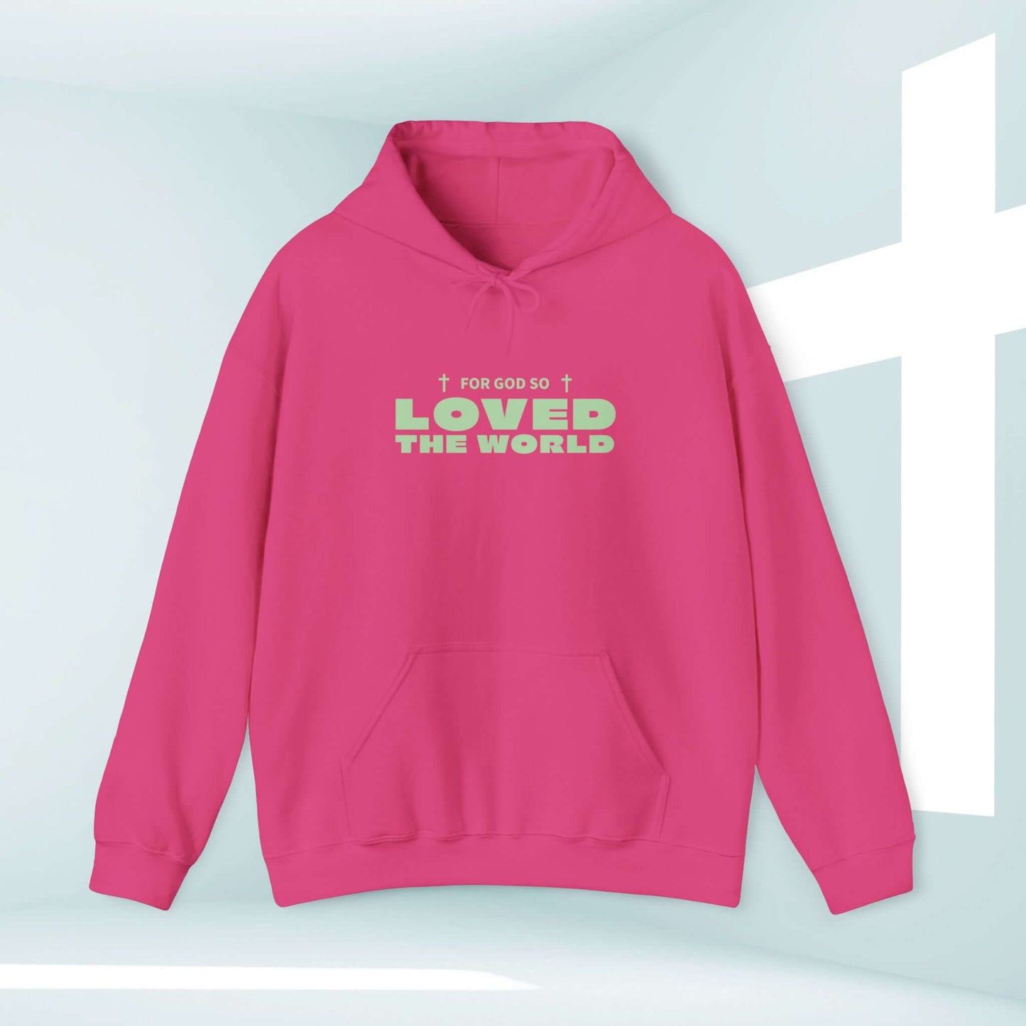 Trendy Christian pink hoodie with John 3:16 "For God So Loved The World" message displayed in modern font.