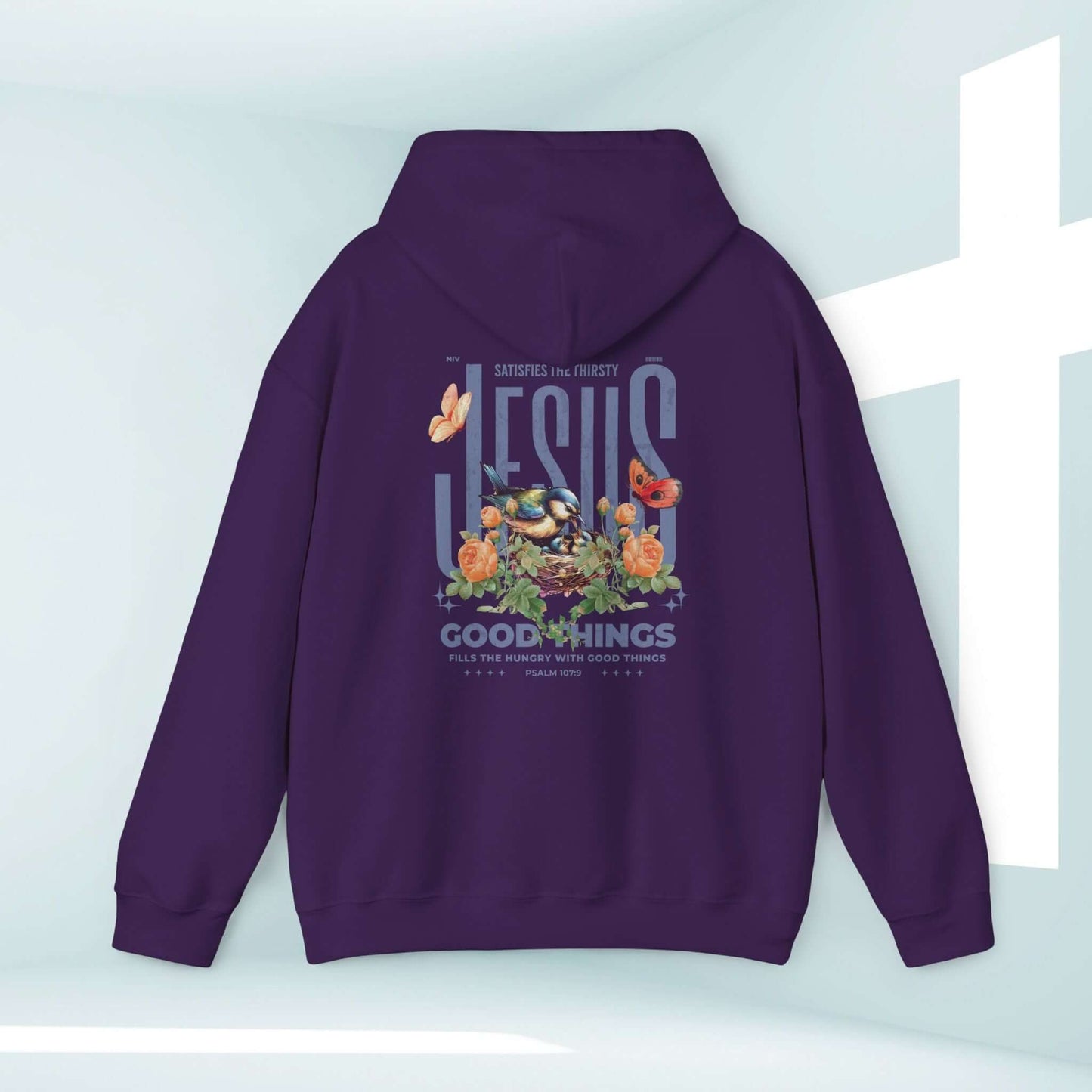 Floral Christian hoodie with butterflies, birds, and Jesus Good Things Psalm print, perfect for Mother's Day gift and religious faith statement.