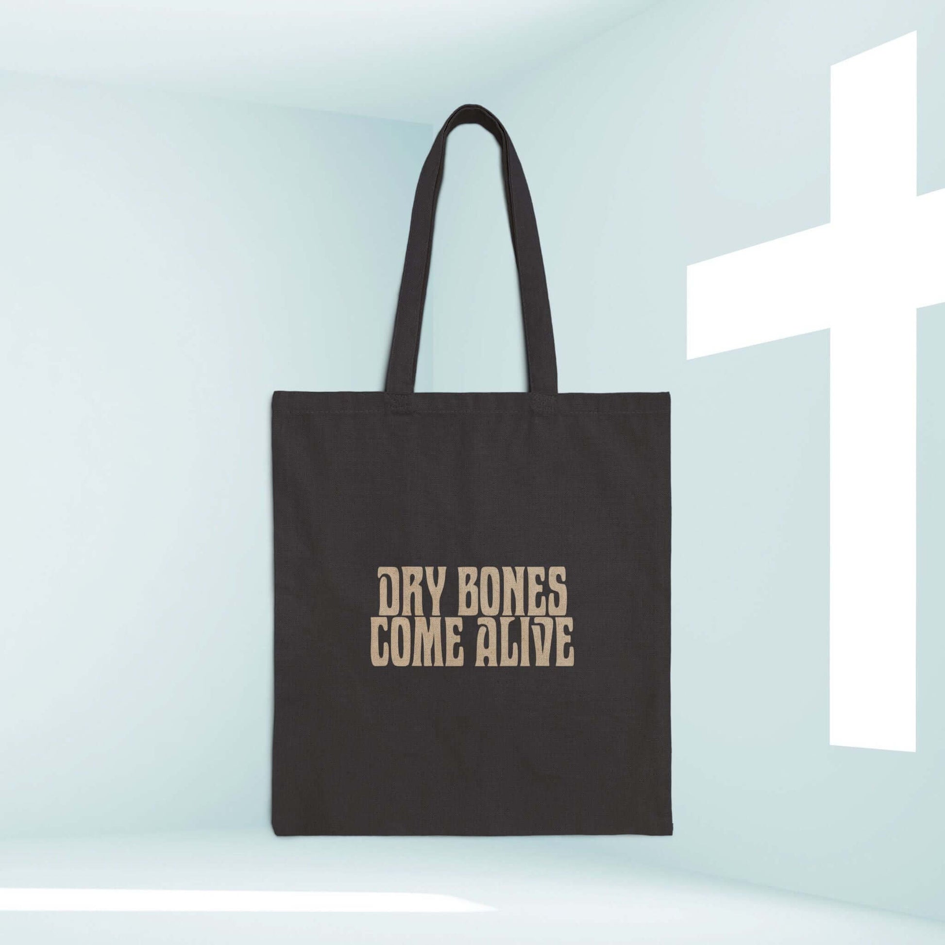 Christian Halloween tote bag with "Dry Bones Come Alive" design, perfect for trick or treat and faith-inspired celebrations.