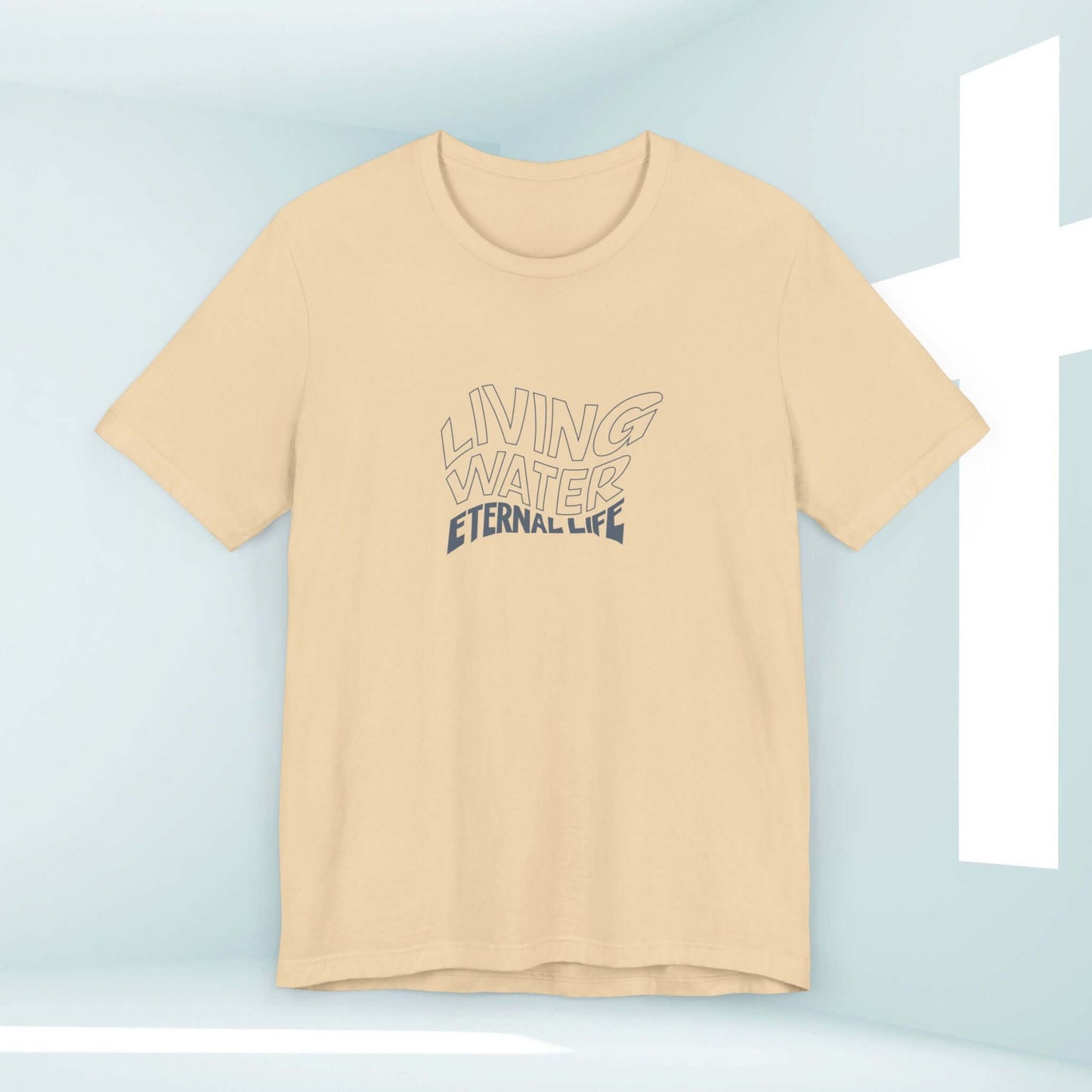 Living Water Eternal Life t-shirt with Christian faith-based design in a light-colored background