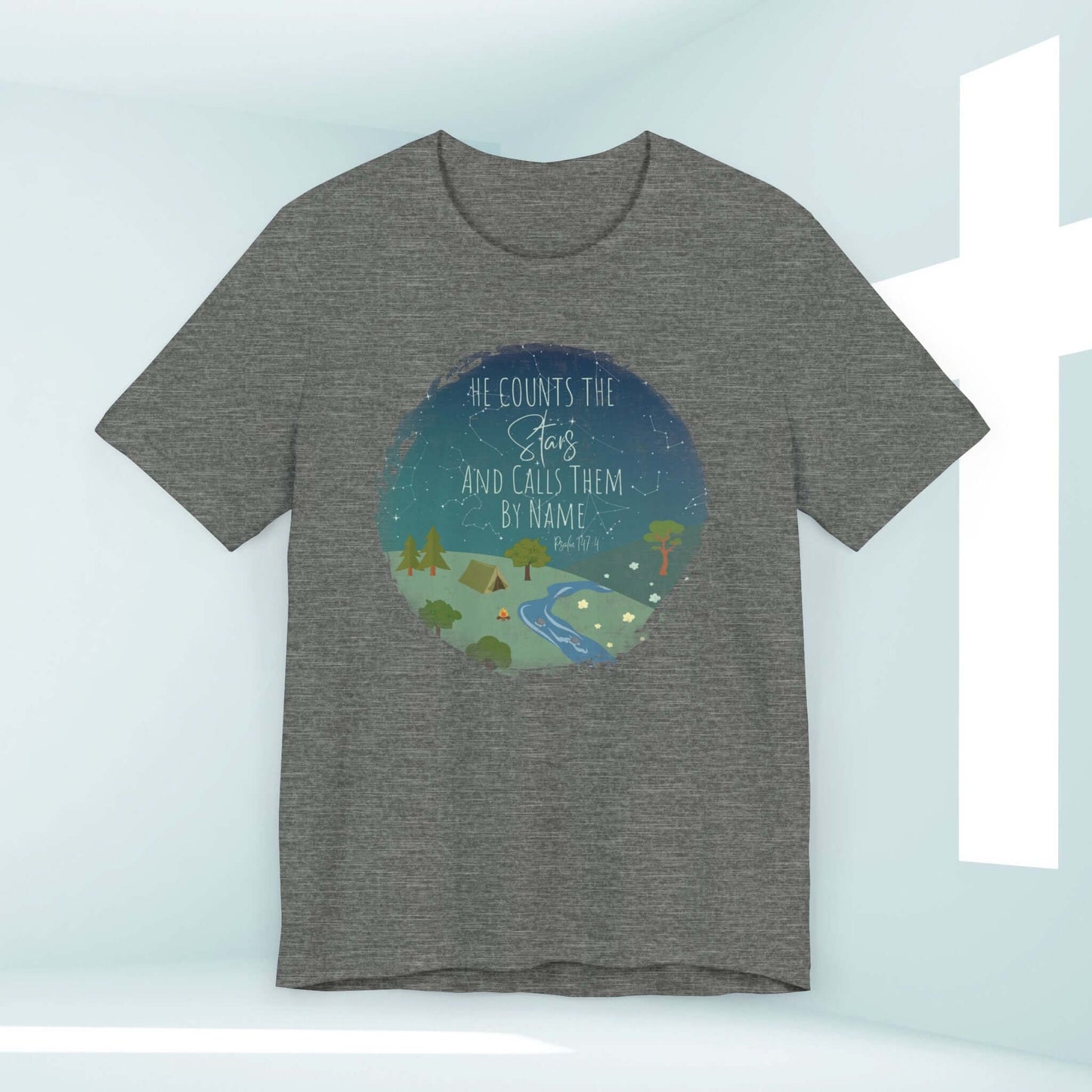 He Counts The Stars And Calls Them By Name Christian T-Shirt with camping design, inspirational faith-based apparel for women.