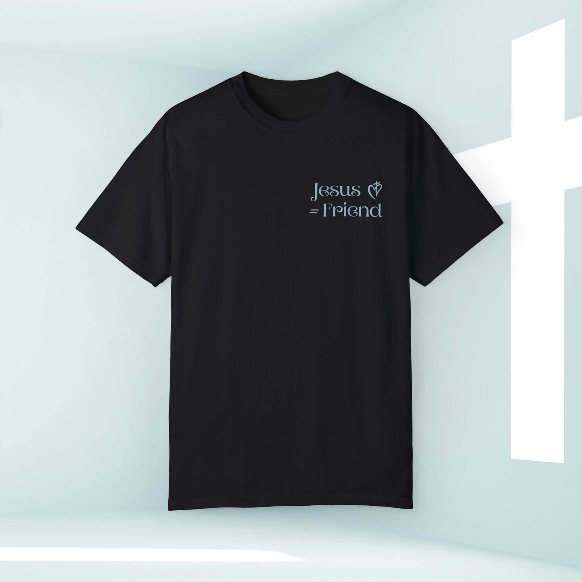 "I Found A Friend In Jesus black Christian t-shirt with inspirational message, high-quality faith-based apparel"