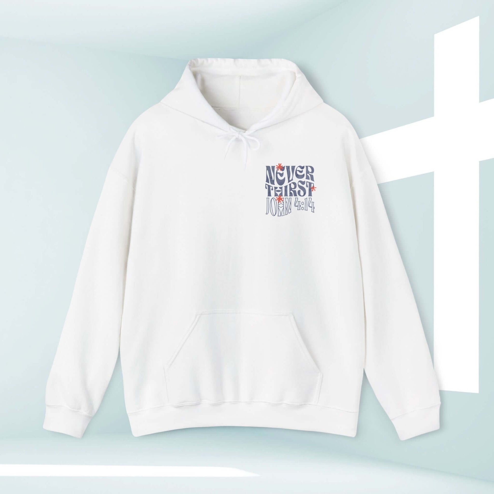 White Living Water Never Thirst Christian Hoodie with Bible Verse Design and Kangaroo Pocket