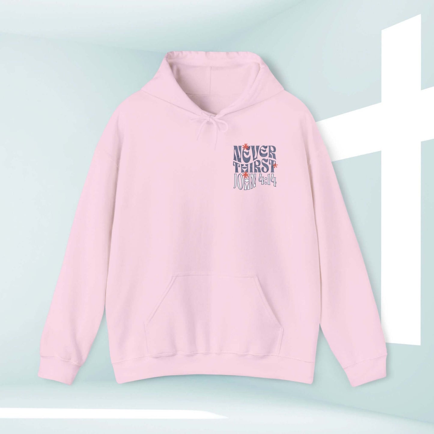 Pink Christian hoodie with "Never Thirst" Bible verse design, kangaroo pocket, and drawcord, perfect for inspirational and faith-based streetwear.