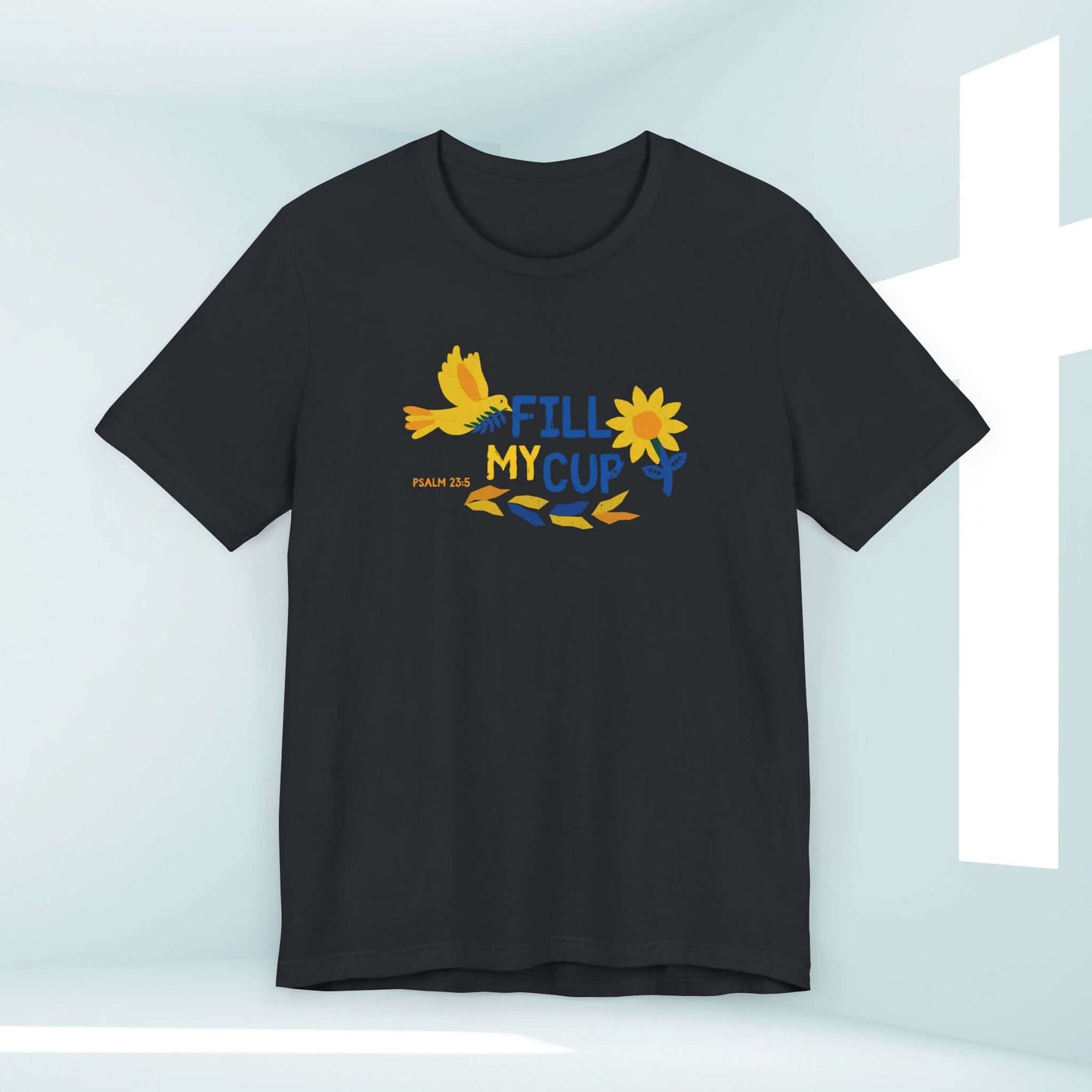 Christian tee with "Fill My Cup" bird and flower design against a cross background, perfect faith-based shirt for Christian apparel and gifts.