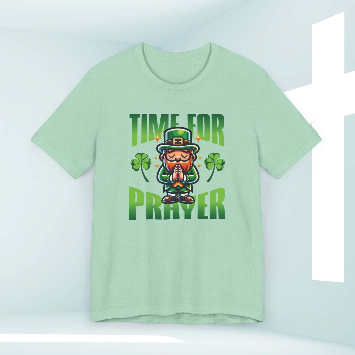 St Patrick's Day Christian Shirt with Praying Leprechaun and Shamrock, St Paddys Tee for Women, Faith-Based Apparel