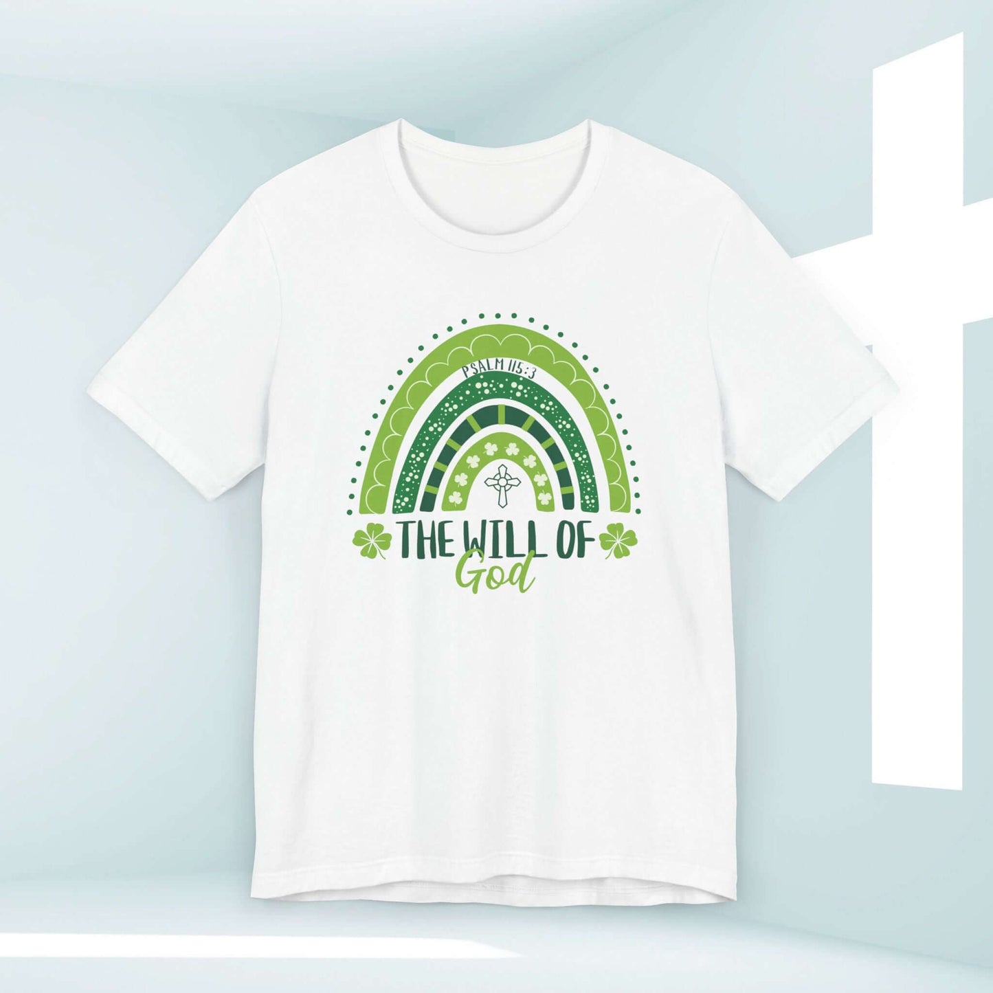 Christian St Patrick's Day shirt with shamrock rainbow and "The Will of God" text, perfect inspirational tee for St Pattys Day.