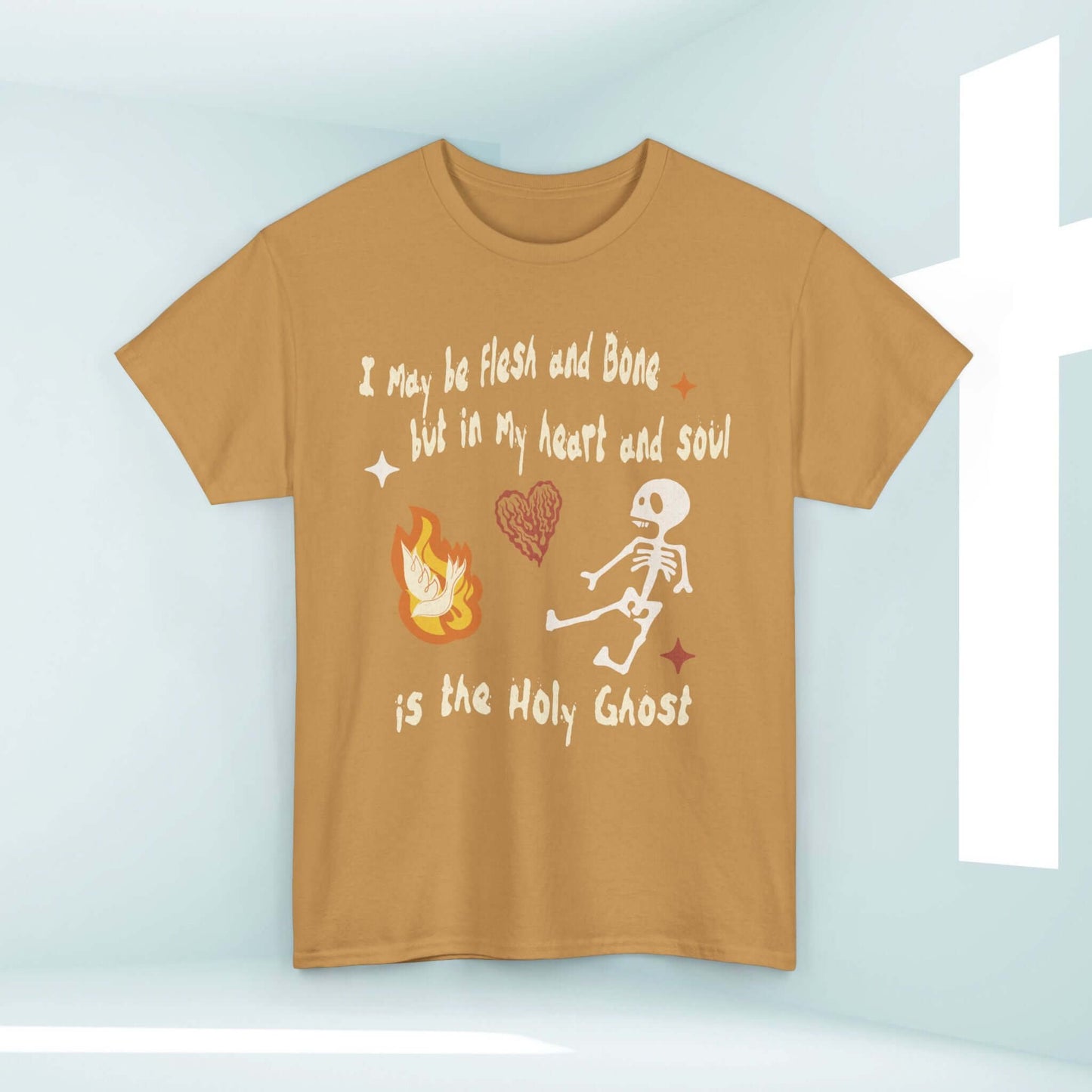 Christian Halloween shirt with dancing skeleton and Holy Ghost theme, "I May Be Flesh and Bone" text, faith-based inspirational tee