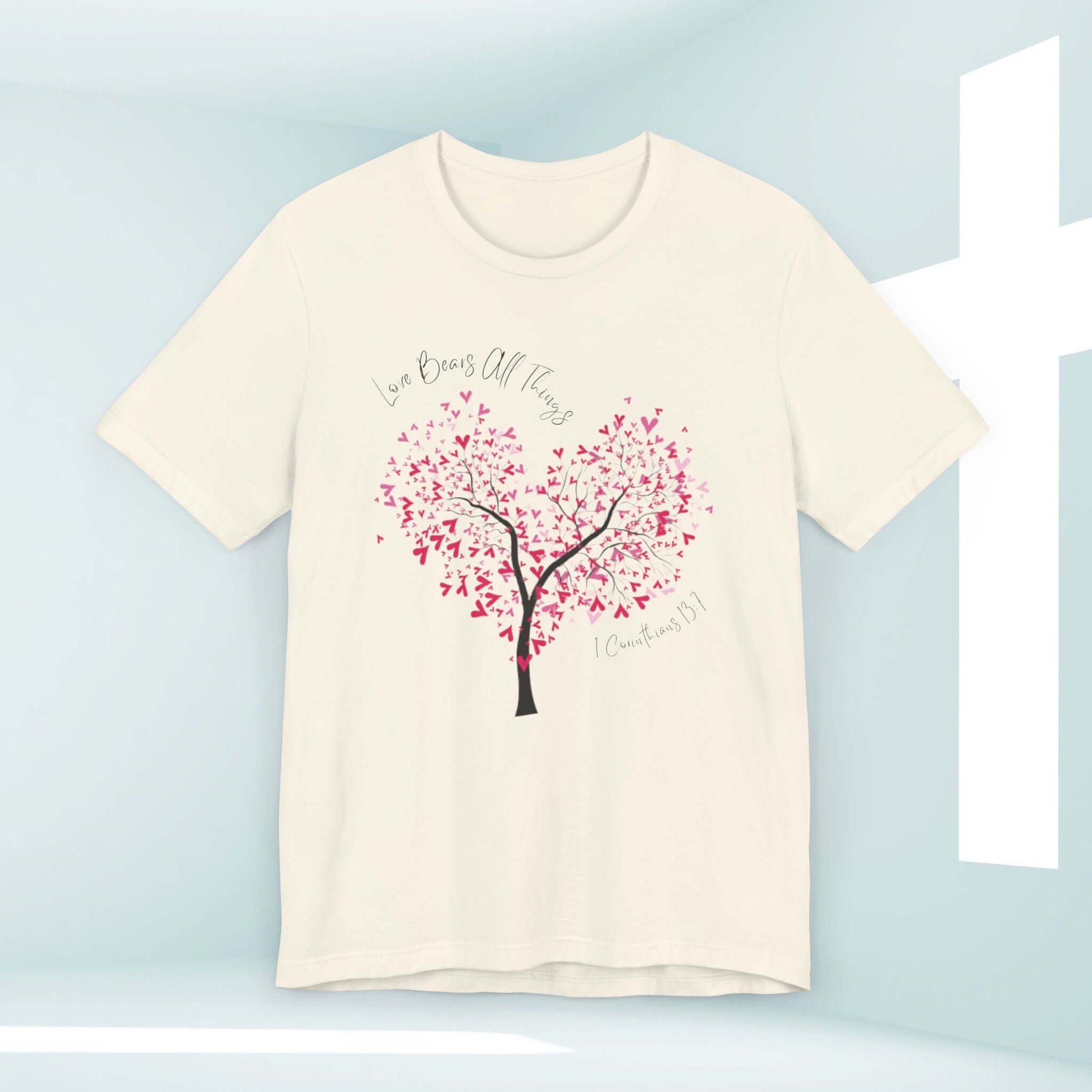 Christian love t-shirt with "Love Bears All Things" design, perfect for weddings, Valentine's Day, and Christian apparel gifts.