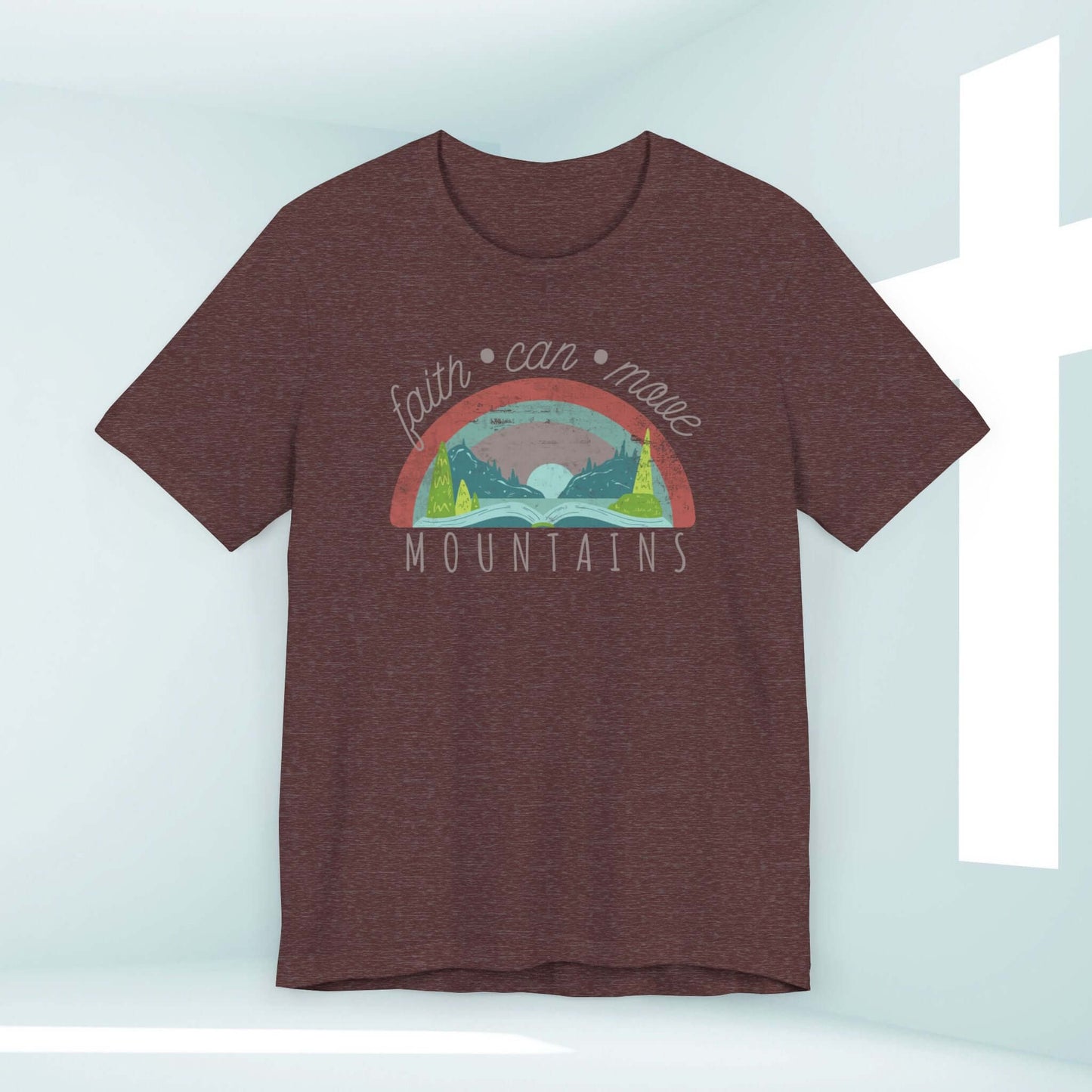 "Faith Can Move Mountains Women's Christian T-Shirt with Rainbow Design - Inspirational Religious Tee for Christian Gifts and Apparel"