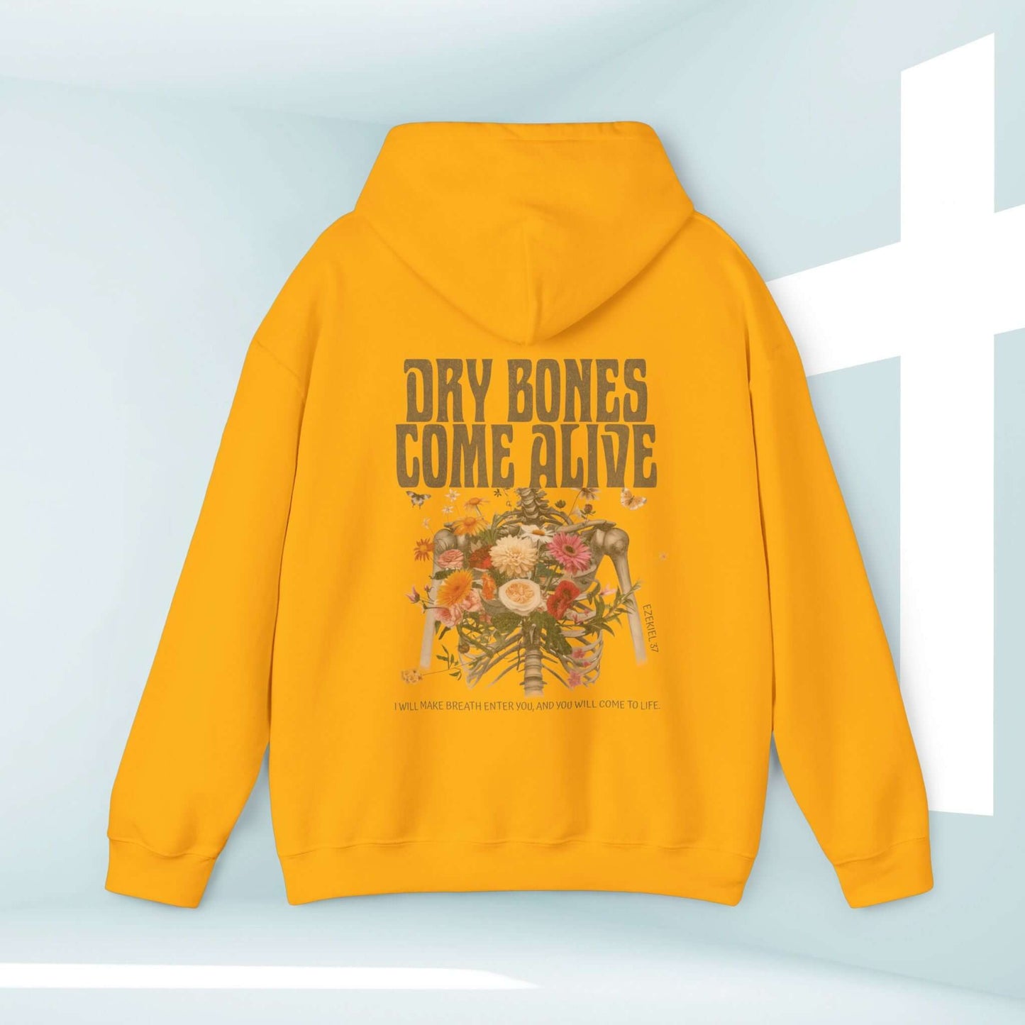 christian halloween hoodie with "Dry Bones Come Alive" design in yellow, skeleton and floral print, Ezekiel 37 themed sweatshirt