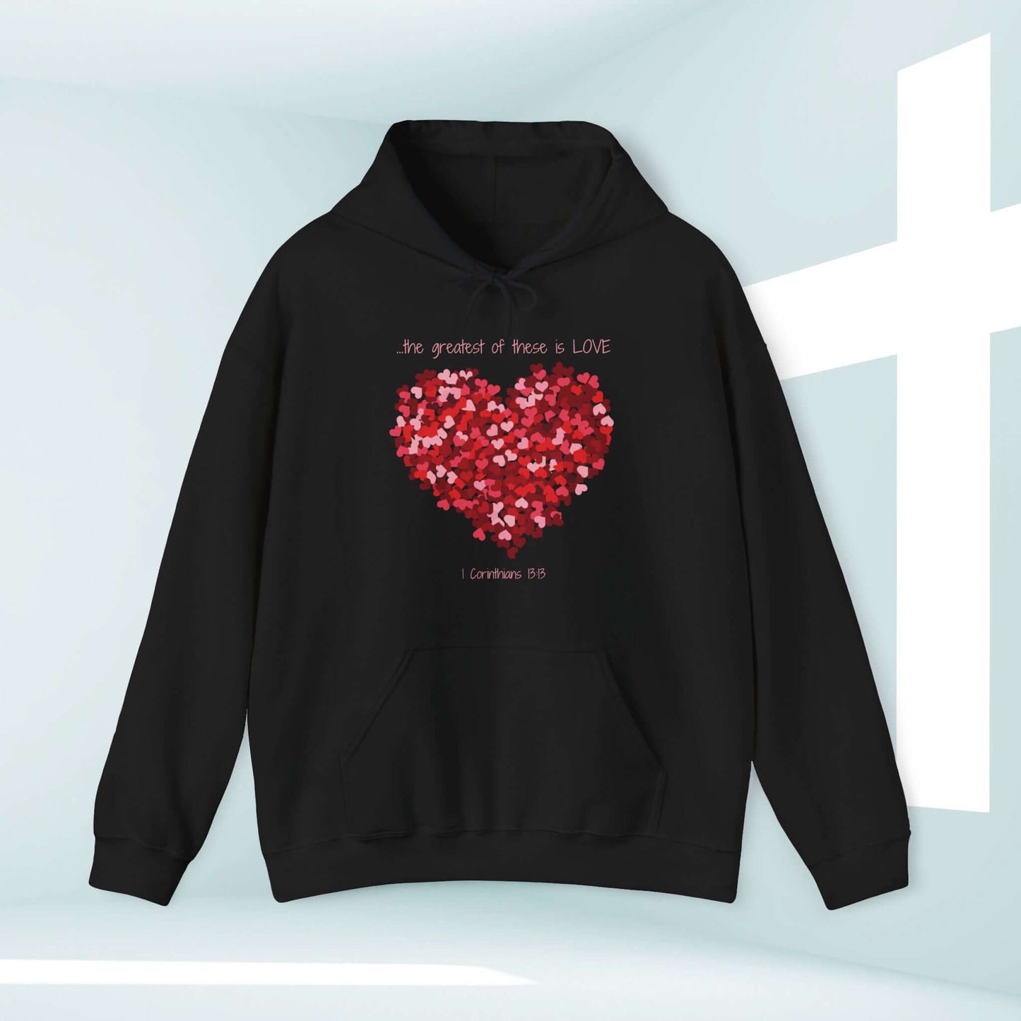 Christian Valentines Day Hoodie with heart design and Bible verse, perfect for weddings, anniversaries, and gifts