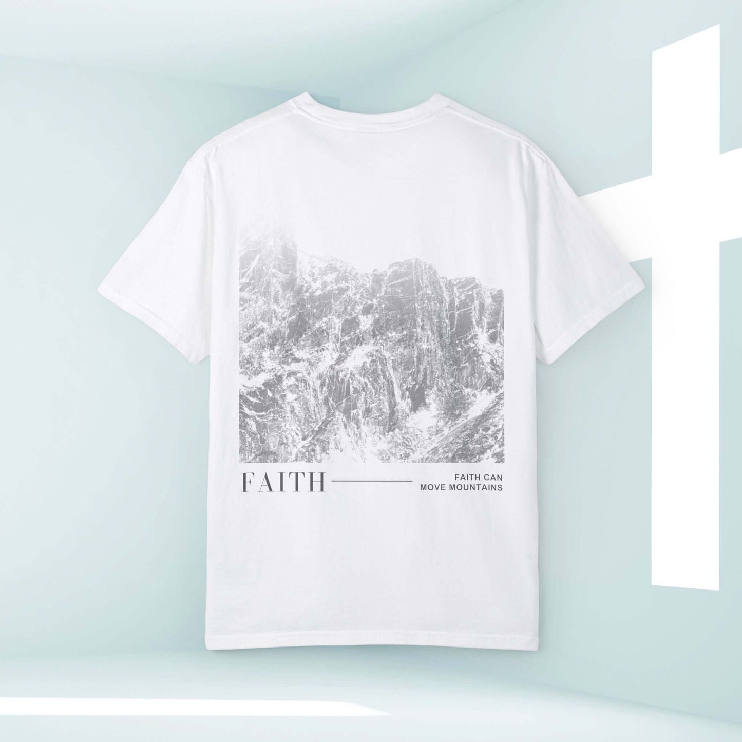 Faith Can Move Mountains Christian T-Shirt with Mountain Graphic Design and Bible Verse