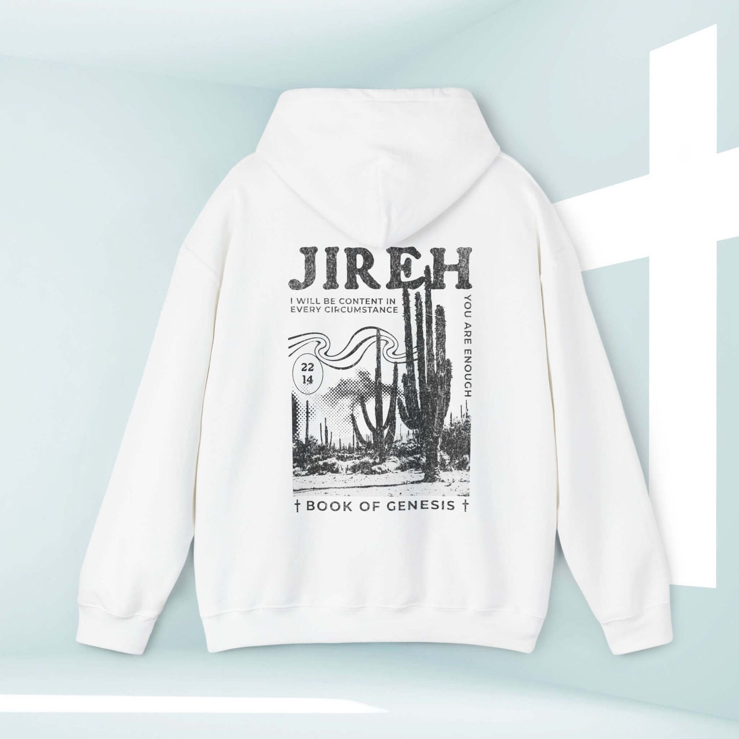 Jireh Boho Christian Hoodie with Cactus Design and Bible Verse from Genesis, Inspirational White Hooded Sweatshirt Christian Apparel