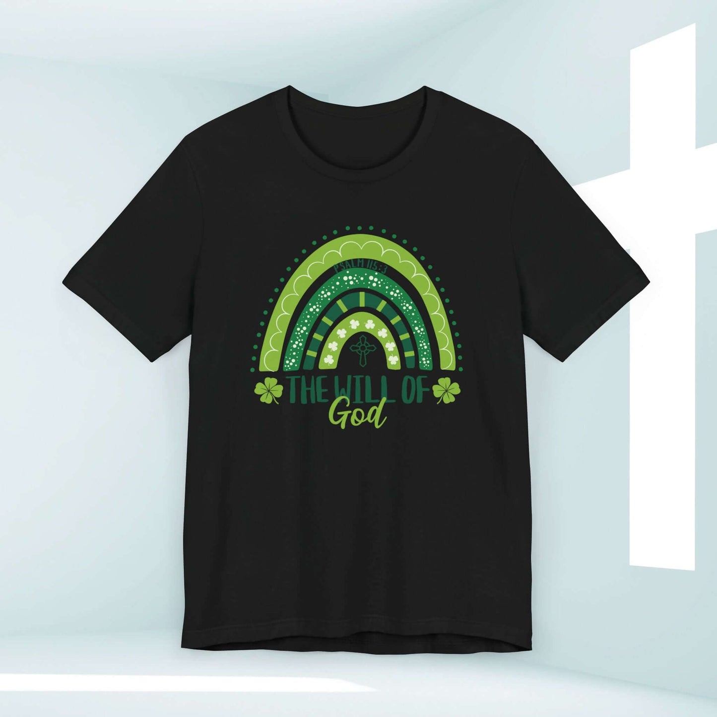 Christian St Patrick's Day shirt with rainbow, shamrock clovers, and "The Will of God" text in green.