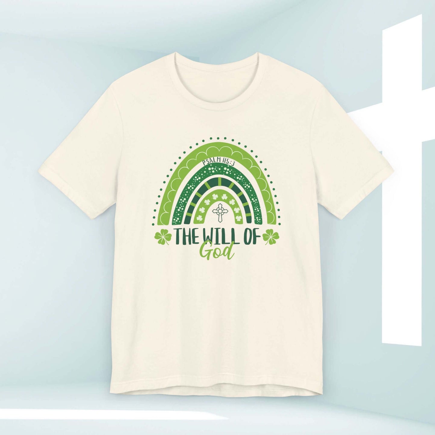 St Patrick’s Day Shirt with Shamrock Rainbow and The Will of God Text, Christian Irish Clover Tee