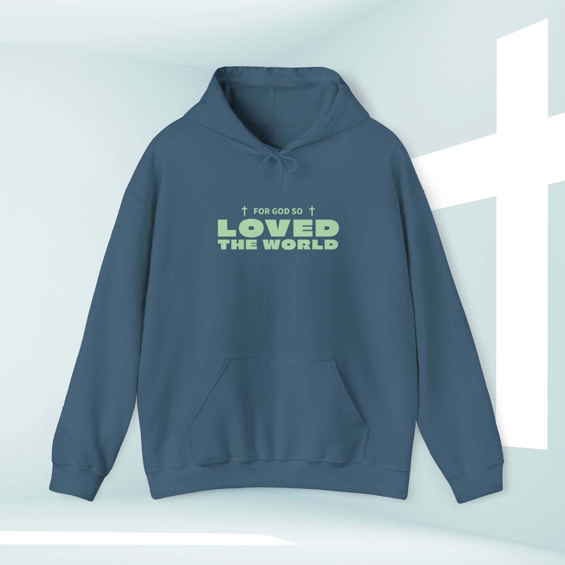 Trendy Christian sweatshirt hoodie with "John 3:16 For God So Loved The World" design, faith-based Jesus hoodie, unisex cozy Christian apparel.