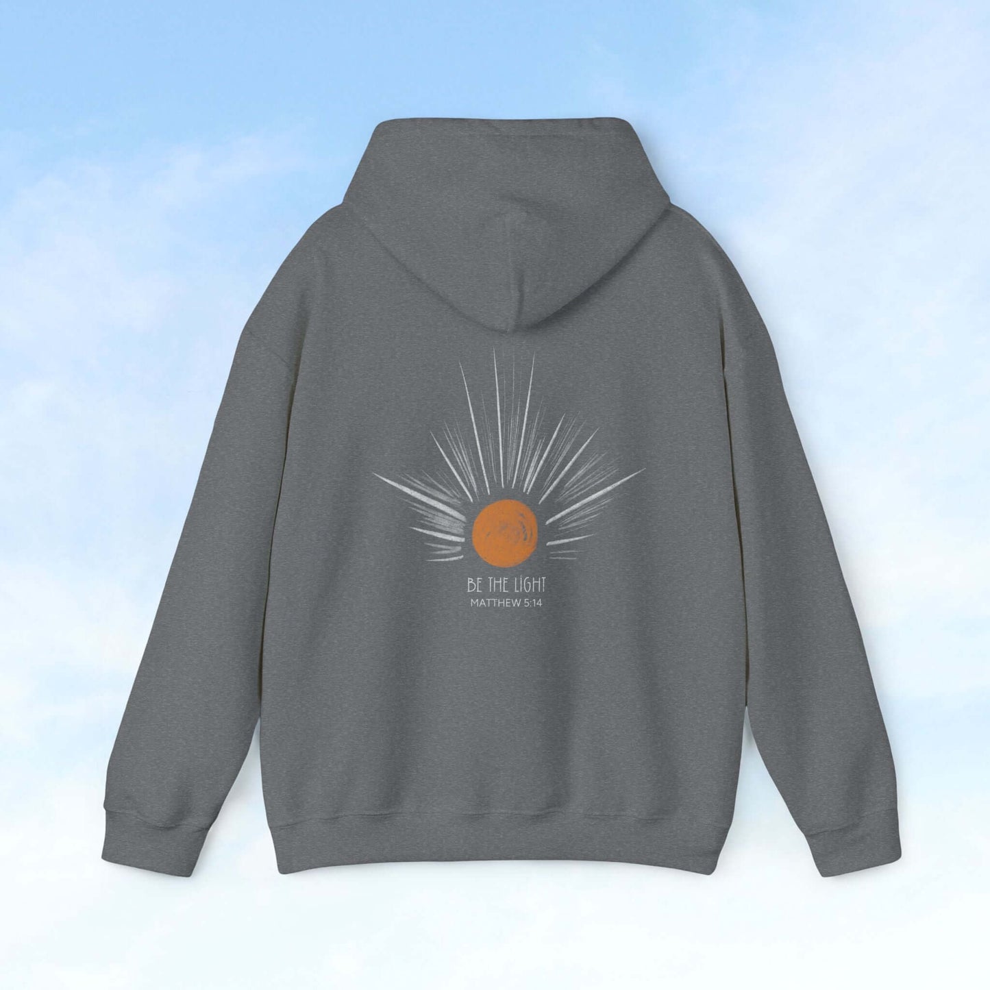 Be The Light Sunburst Christian hoodie with celestial sun and rays graphic on back, ideal Christian apparel and gift for wife or mother.