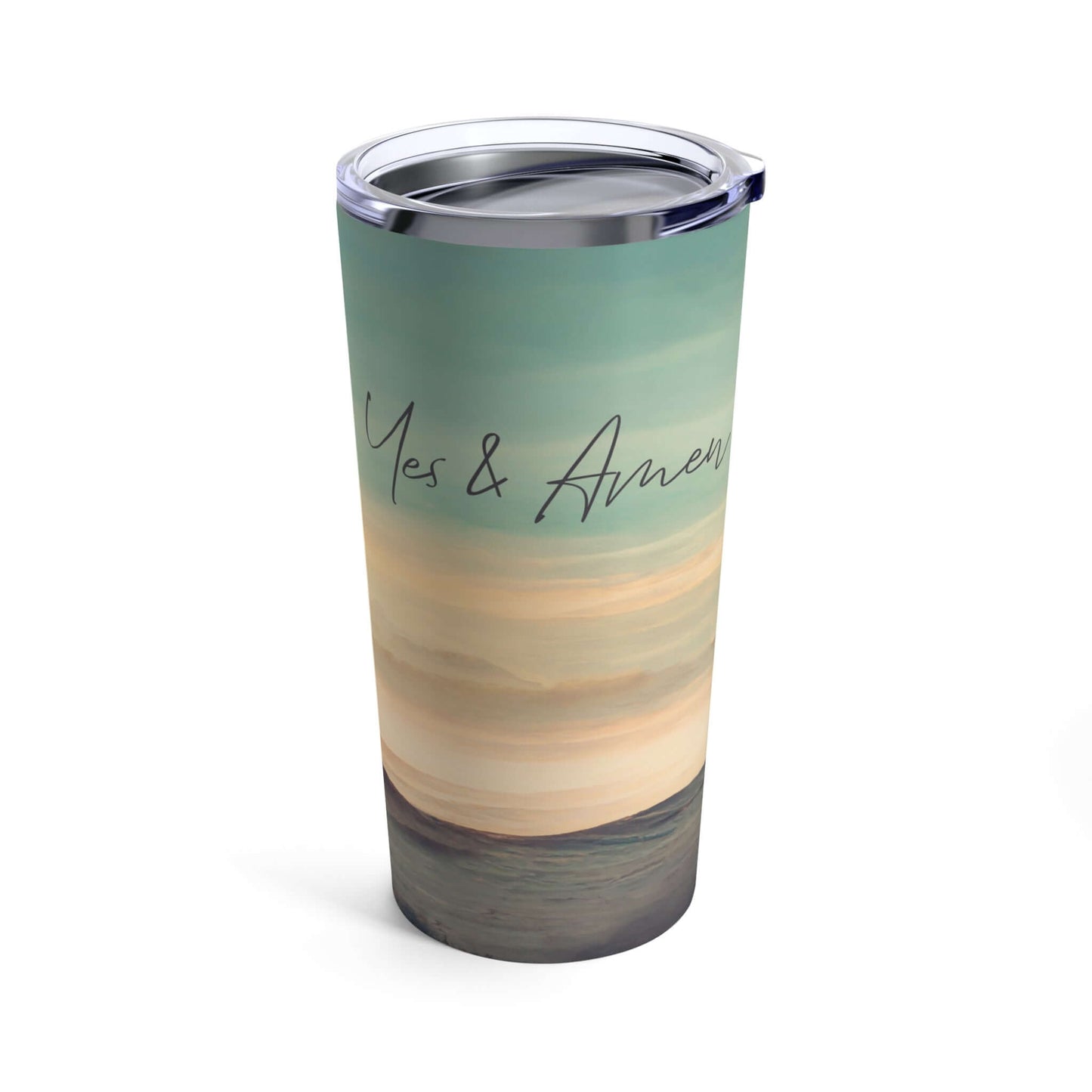 Insulated stainless steel Christian tumbler with Cross Sky Yes & Amen design, perfect faith-based gift or religious water bottle for all occasions.