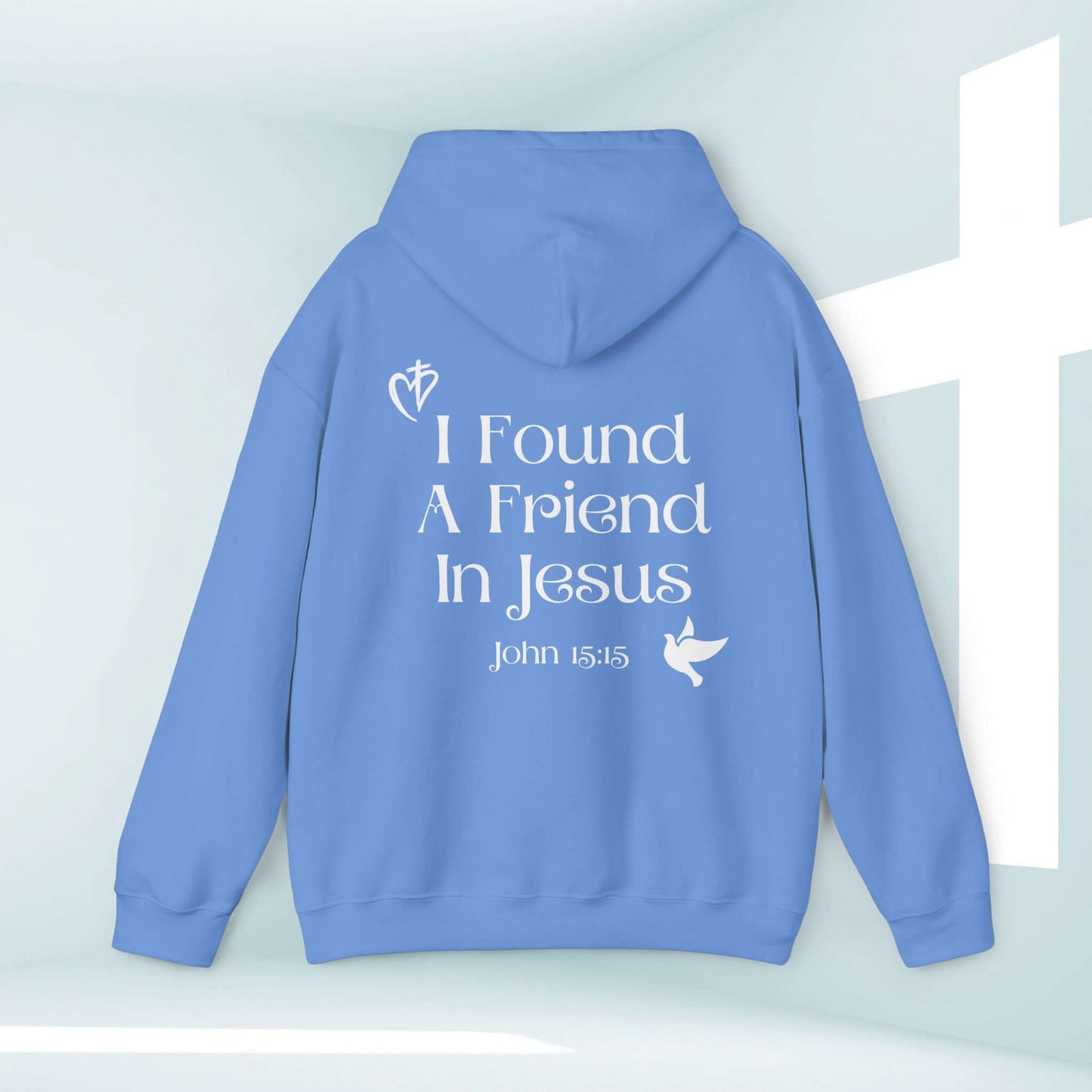 I Found A Friend In Jesus blue Christian hoodie with Bible verse, inspirational and faith-based sweatshirt, perfect for religious gifts