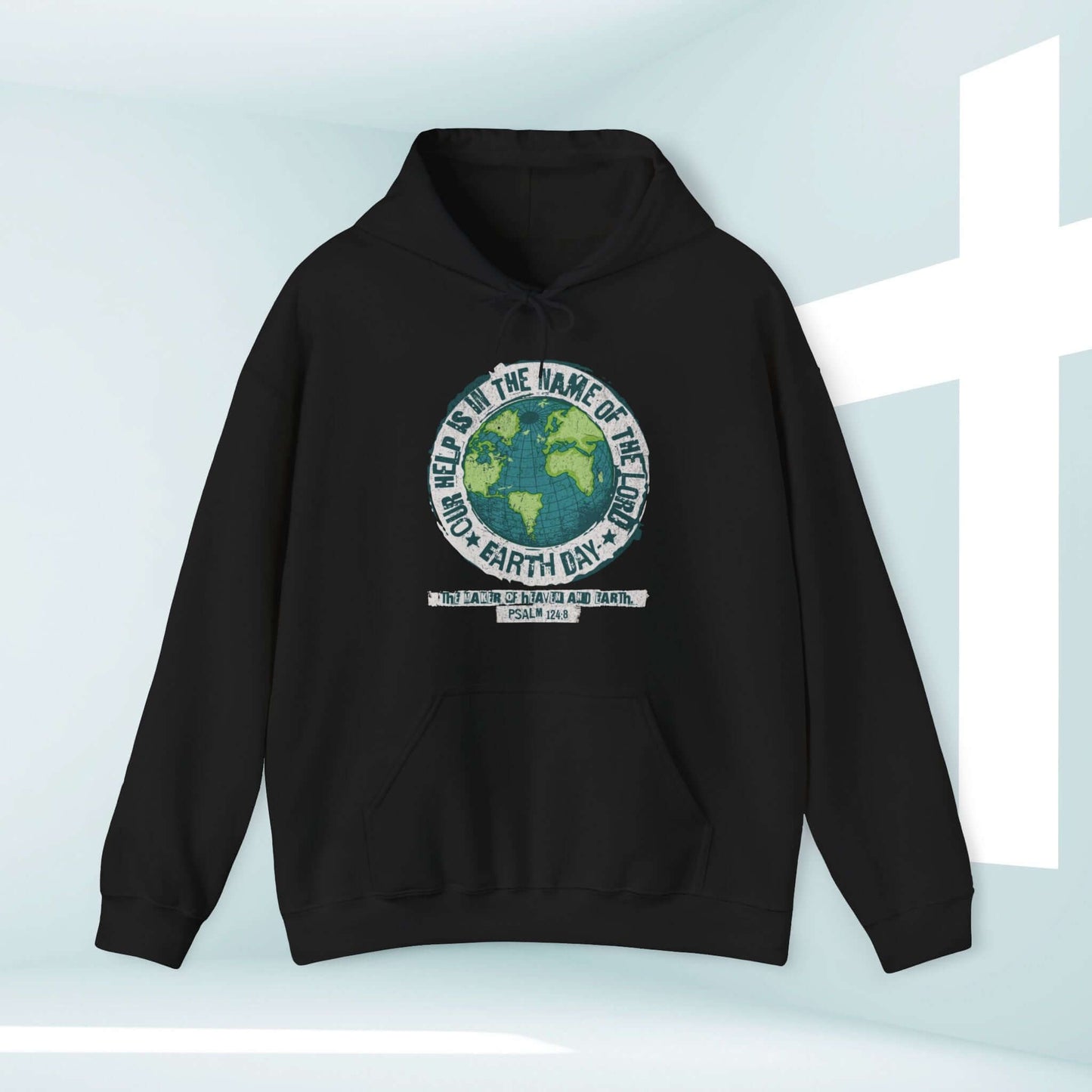 Earth Day "Our Help Is" black Christian hoodie featuring Bible verse, perfect for outdoor activities and displaying faith-based inspiration.