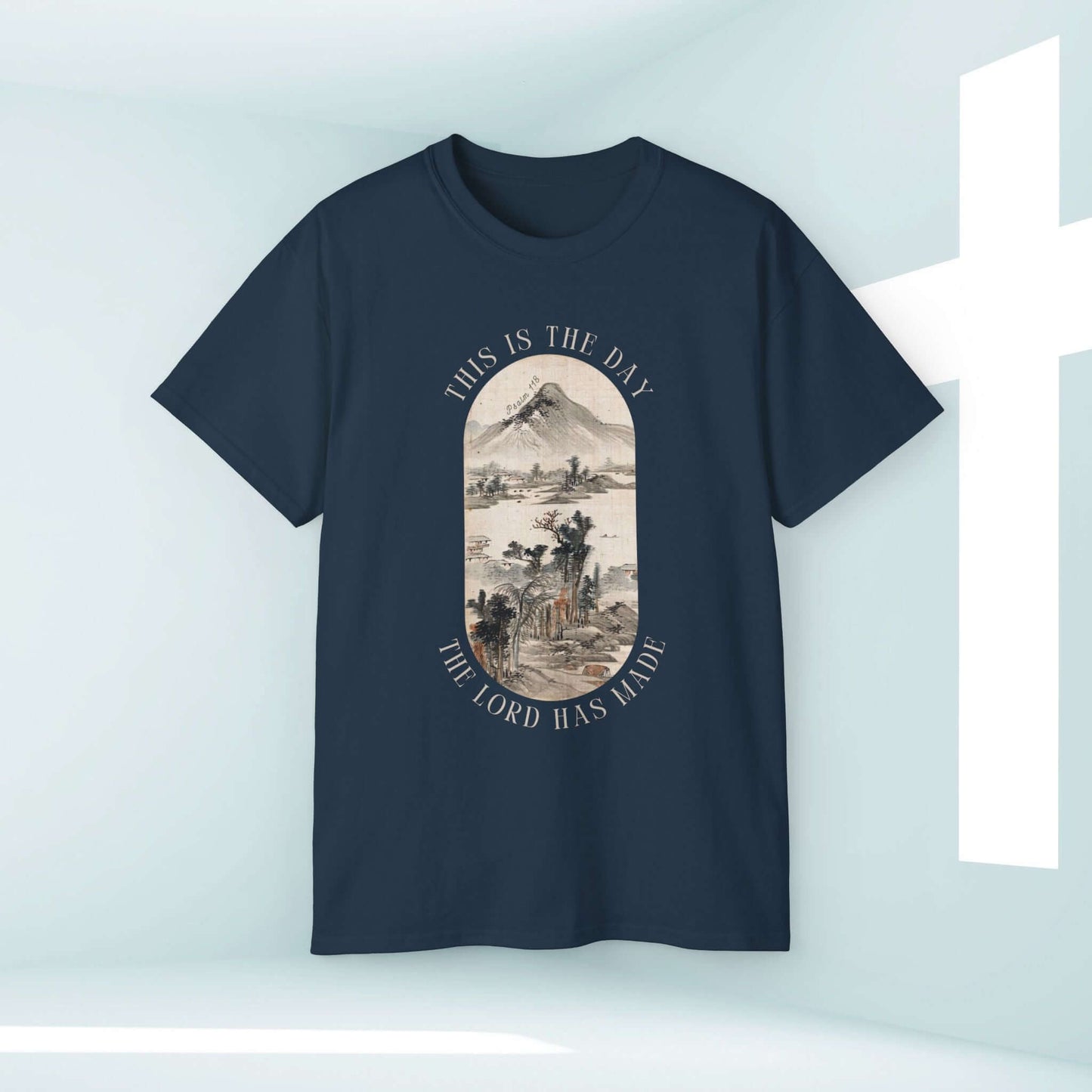 "This Is The Day The Lord Has Made" men's Christian mountain nature camping t-shirt in black with faith-based graphic design