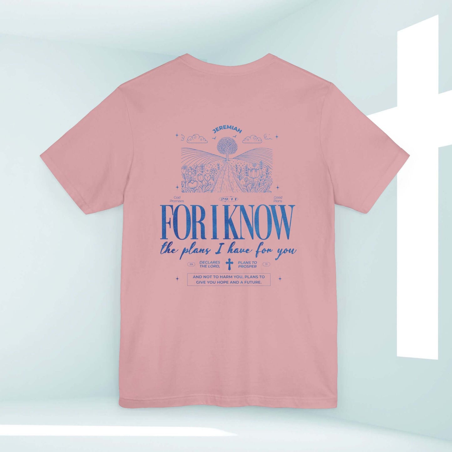 Christian t-shirt with "For I Know The Plans" Bible verse in nature camping design, inspirational religious shirt, pink tee for men and women