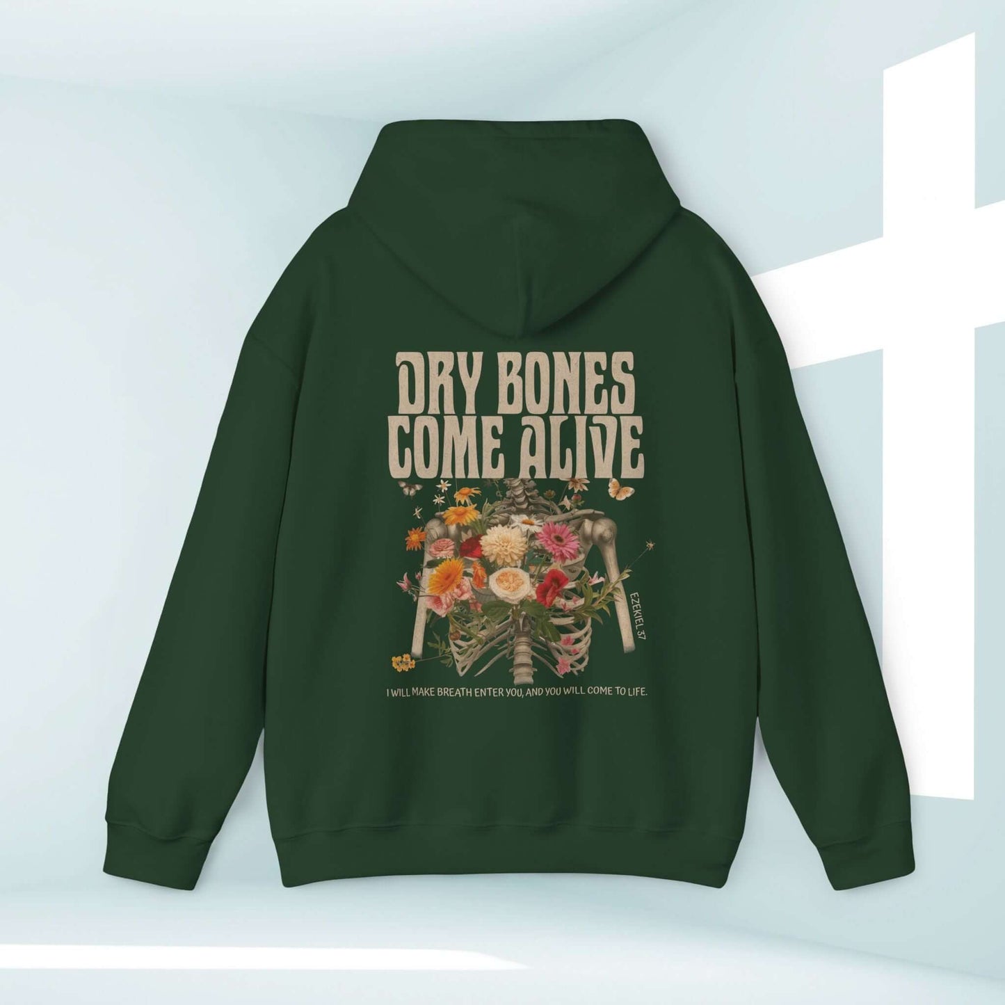 Christian Halloween hoodie with "Dry Bones Come Alive" Bible verse and skeleton design, perfect for faith-filled Halloween celebrations.