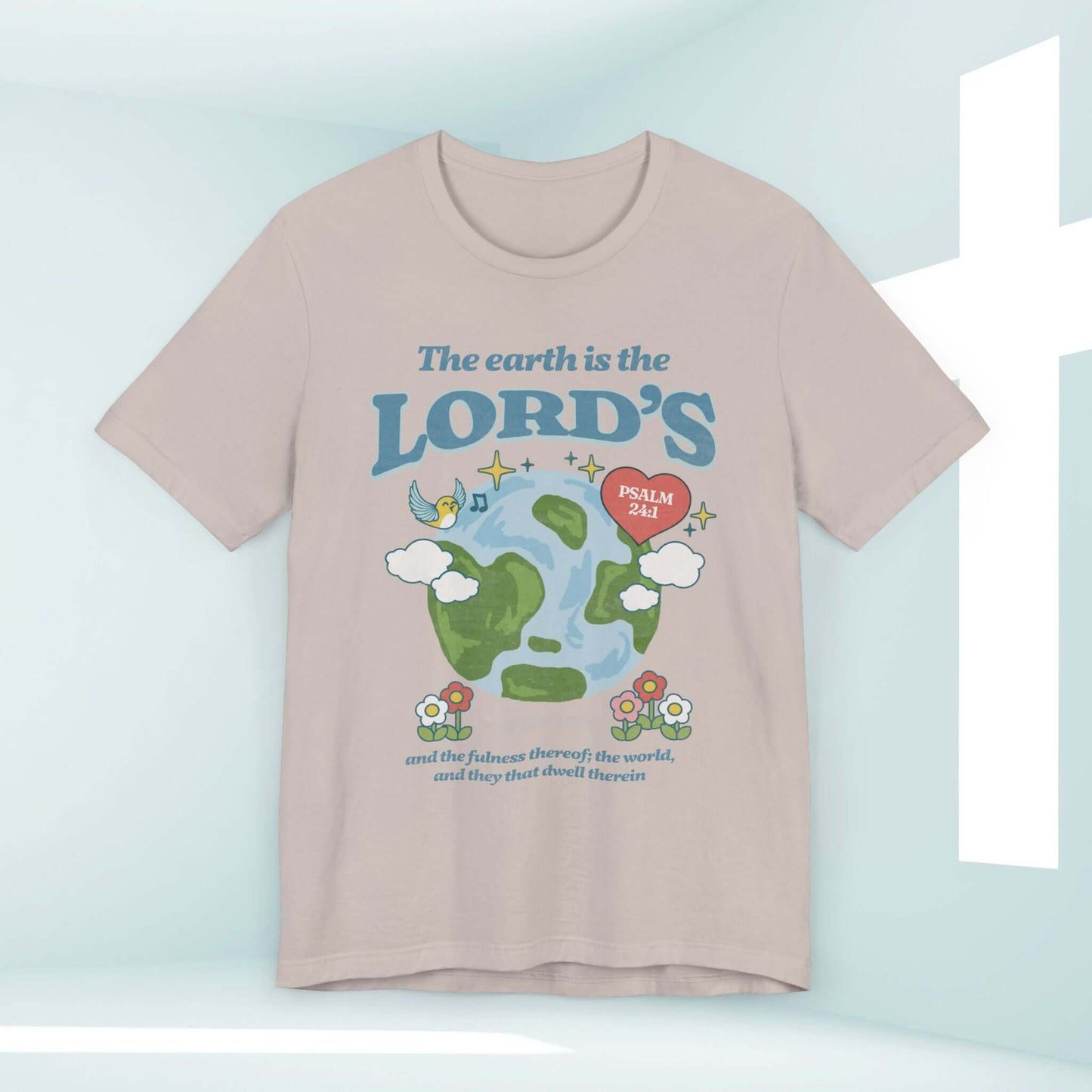 Earth Day Christian t-shirt with "The Earth Is The Lord's" Bible verse, featuring nature-themed graphic, ideal for camping and faith-based events.