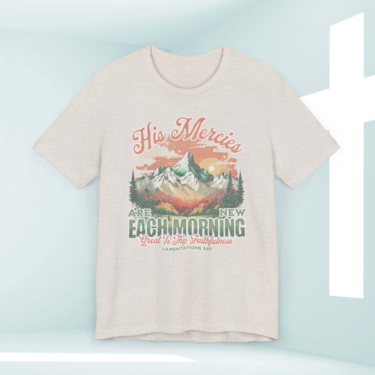 His Mercies Are New Each Morning boho Christian shirt with mountain and sunrise design, inspirational Bible verse Christian apparel