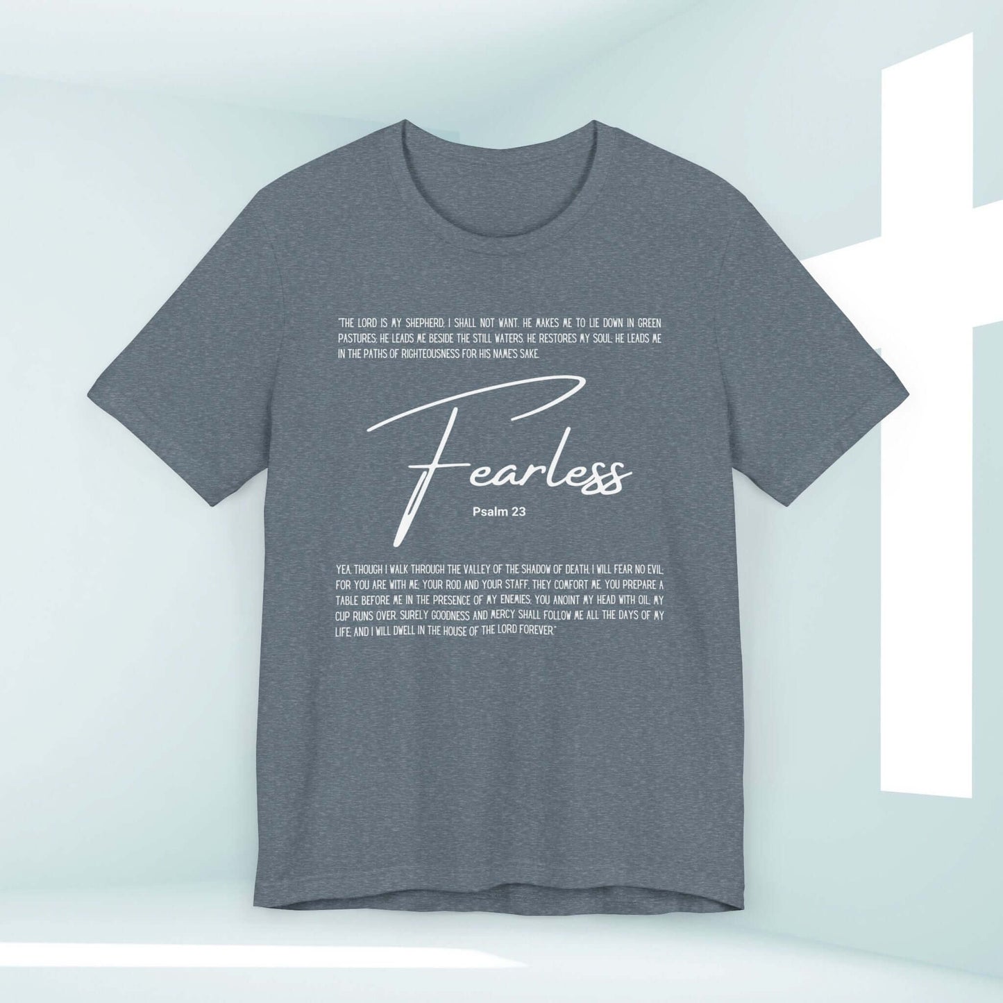 Fearless T-Shirt inspired by Psalm 23, Christian apparel showcasing no fear message, part of our religious shirts collection