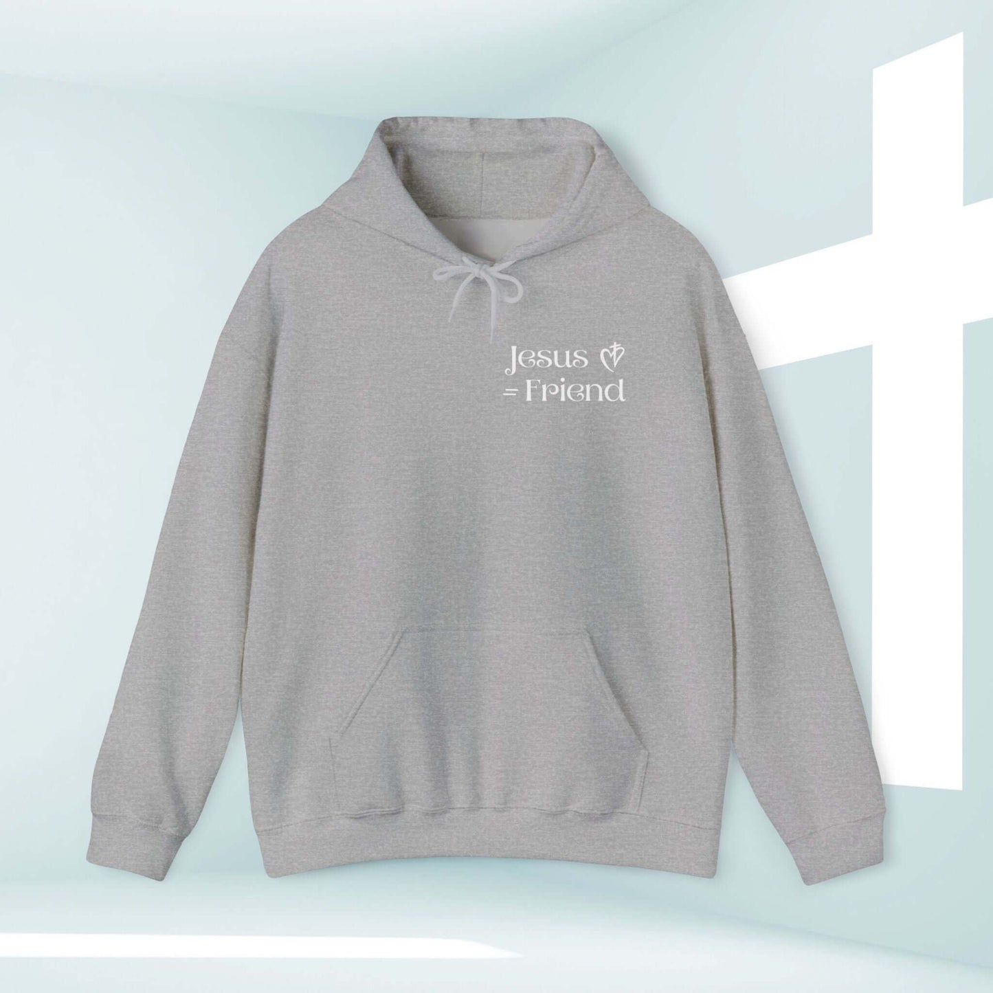 I Found A Friend In Jesus Shirt - Gray Christian Hoodie with Bible Verse in front of a white cross. Perfect faith-based inspirational sweatshirt.