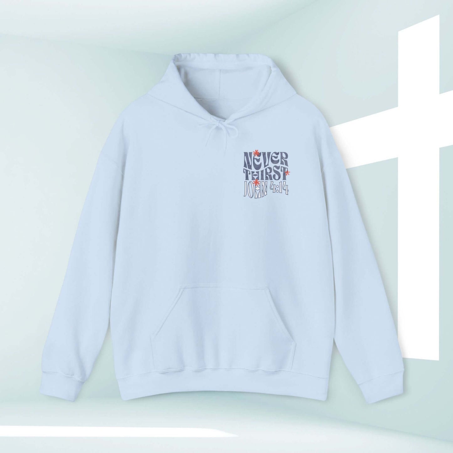 Living Water Never Thirst Christian hoodie with graphic text, comfortable pullover design, and kangaroo pocket, displayed next to a cross.