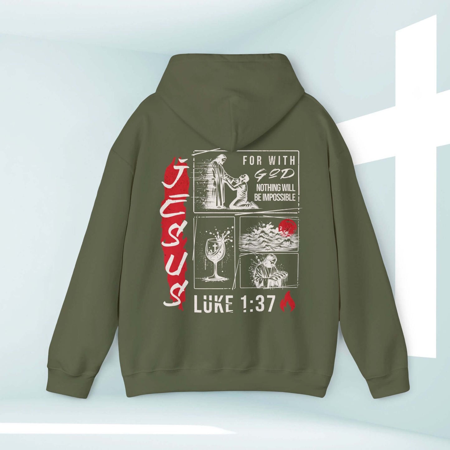 Mens Christian Jesus hoodie with Bible verse "For with God nothing will be impossible" Luke 1:37, inspirational and religious apparel for men