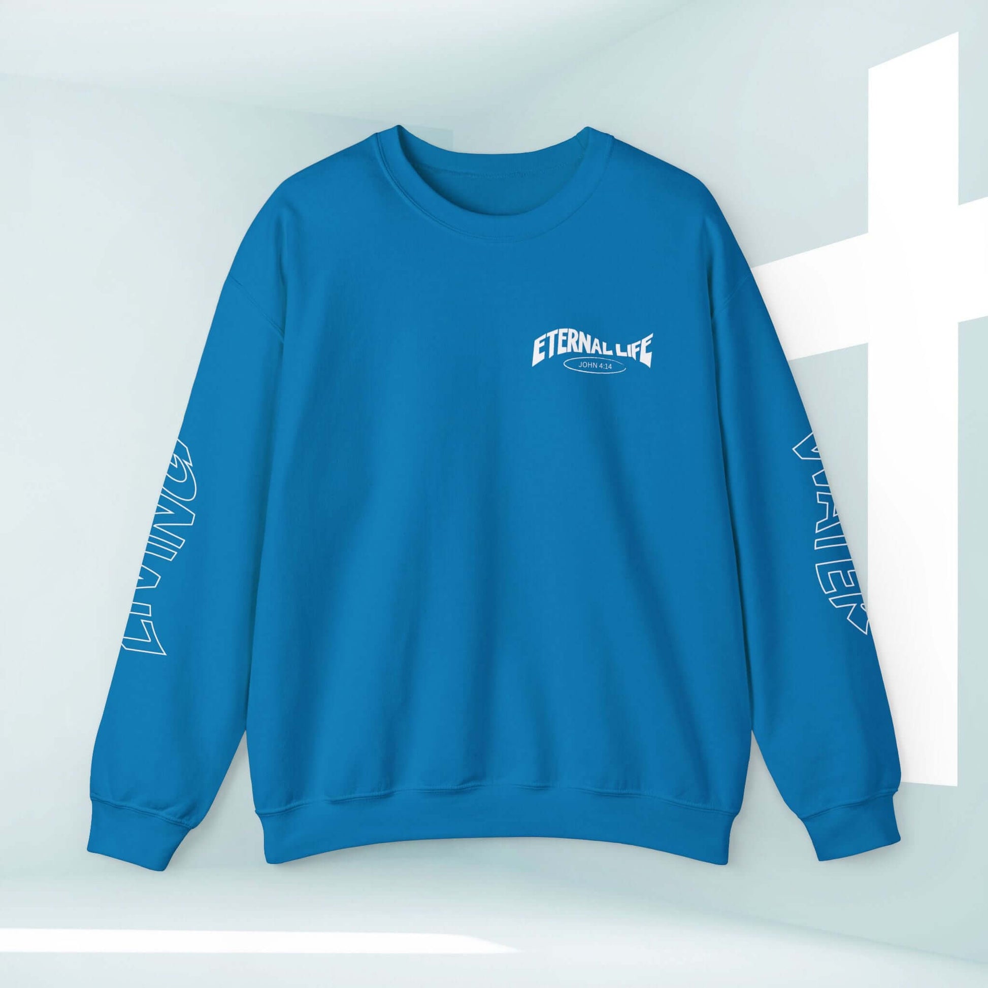 Blue Christian sweatshirt with "Eternal Life" design on front, living water text on sleeves, faith apparel for religious inspiration.