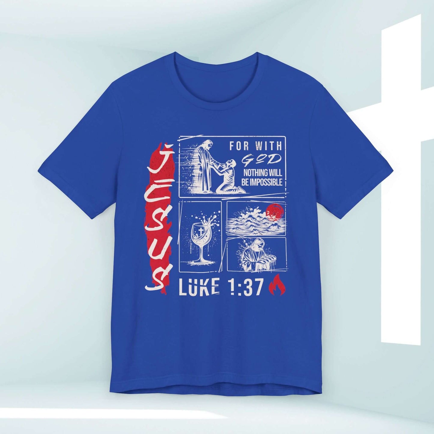 Mens Christian Shirt Jesus T-Shirt with Luke 1:37 Bible Verse in blue, perfect Fathers Day gift for men of faith.