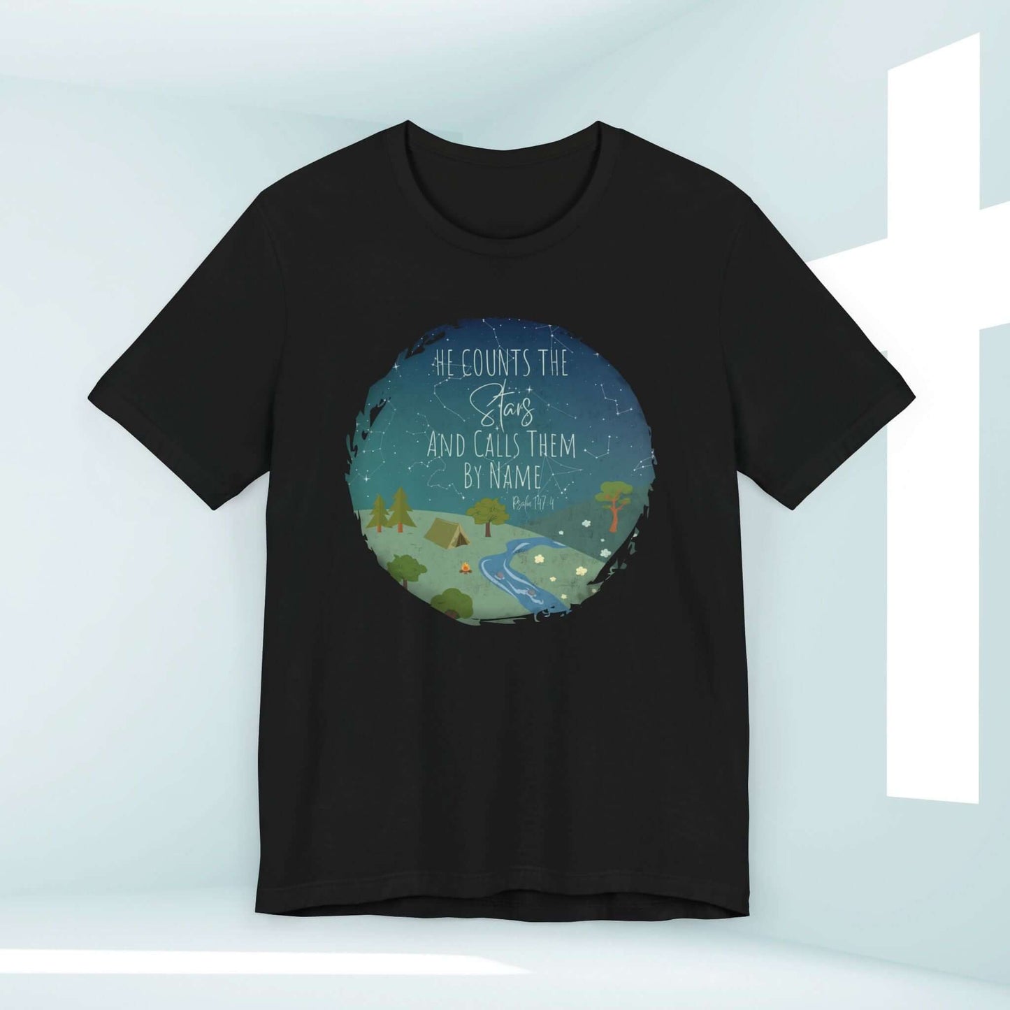 He Counts The Stars And Calls Them By Name Christian T-Shirt with Nature Camping Graphic, Faith-Based Apparel for Inspiration and Conversation.