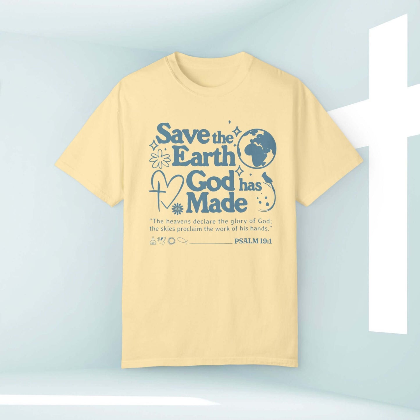 Save The Earth Day Christian Tee Shirt with Psalm 19:1, nature-inspired design, perfect for camping and outdoor activities.